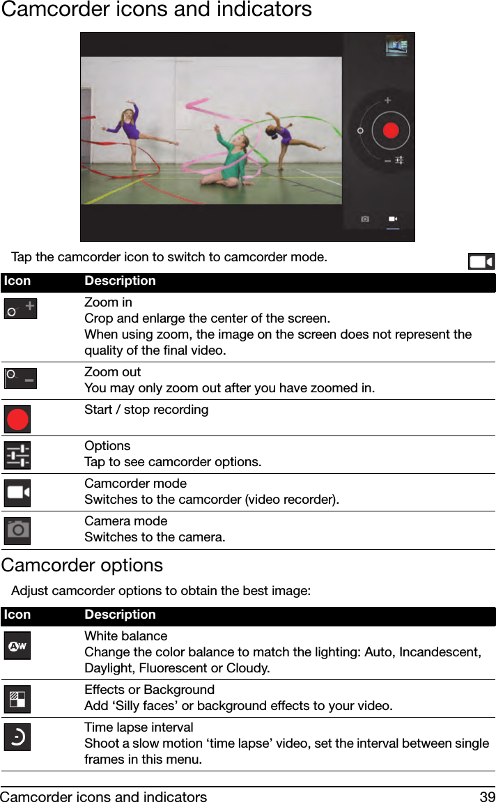 39Camcorder icons and indicatorsCamcorder icons and indicatorsTap the camcorder icon to switch to camcorder mode.Camcorder optionsAdjust camcorder options to obtain the best image:Icon DescriptionZoom in Crop and enlarge the center of the screen.  When using zoom, the image on the screen does not represent the quality of the final video.Zoom out You may only zoom out after you have zoomed in.Start / stop recordingOptions Tap to see camcorder options.Camcorder mode Switches to the camcorder (video recorder).Camera mode Switches to the camera.Icon DescriptionWhite balance Change the color balance to match the lighting: Auto, Incandescent, Daylight, Fluorescent or Cloudy.Effects or Background Add ‘Silly faces’ or background effects to your video.Time lapse interval Shoot a slow motion ‘time lapse’ video, set the interval between single frames in this menu.