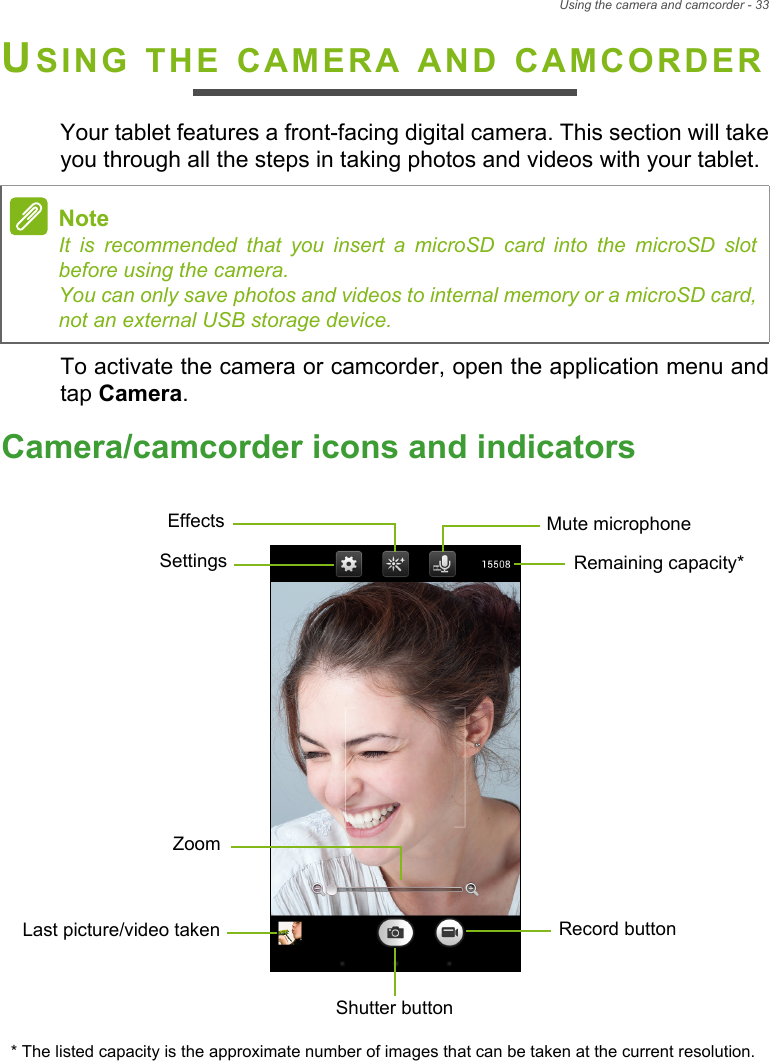 Using the camera and camcorder - 33USING THE CAMERA AND CAMCORDERYour tablet features a front-facing digital camera. This section will take you through all the steps in taking photos and videos with your tablet.To activate the camera or camcorder, open the application menu and tap Camera.Camera/camcorder icons and indicatorsSettingsMute microphoneEffectsLast picture/video takenZoomRecord buttonShutter button* The listed capacity is the approximate number of images that can be taken at the current resolution.Remaining capacity*NoteIt is recommended that you insert a microSD card into the microSD slot before using the camera. You can only save photos and videos to internal memory or a microSD card, not an external USB storage device.