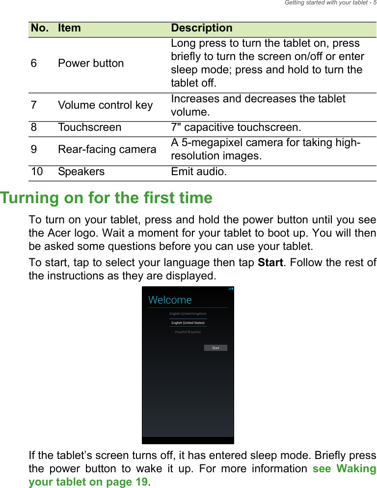 Getting started with your tablet - 5Turning on for the first timeTo turn on your tablet, press and hold the power button until you see the Acer logo. Wait a moment for your tablet to boot up. You will then be asked some questions before you can use your tablet.To start, tap to select your language then tap Start. Follow the rest of the instructions as they are displayed.If the tablet’s screen turns off, it has entered sleep mode. Briefly press the power button to wake it up. For more information see Waking your tablet on page 19.6Power buttonLong press to turn the tablet on, press briefly to turn the screen on/off or enter sleep mode; press and hold to turn the tablet off.7Volume control key Increases and decreases the tablet volume.8Touchscreen 7&quot; capacitive touchscreen.9Rear-facing camera A 5-megapixel camera for taking high-resolution images.10 Speakers Emit audio.No. Item Description