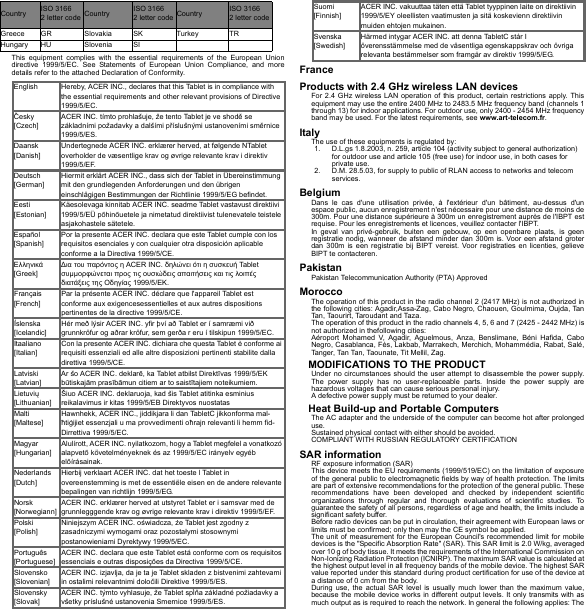 This equipment complies with the essential requirements of the European Union directive 1999/5/EC. See Statements of European Union Compliance, and more details refer to the attached Declaration of Conformity. FranceProducts with 2.4 GHz wireless LAN devicesFor 2.4 GHz wireless LAN operation of this product, certain restrictions apply. This equipment may use the entire 2400 MHz to 2483.5 MHz frequency band (channels 1 through 13) for indoor applications. For outdoor use, only 2400 - 2454 MHz frequency band may be used. For the latest requirements, see www.art-telecom.fr.ItalyThe use of these equipments is regulated by:1. D.L.gs 1.8.2003, n. 259, article 104 (activity subject to general authorization) for outdoor use and article 105 (free use) for indoor use, in both cases for private use.2. D.M. 28.5.03, for supply to public of RLAN access to networks and telecom services.BelgiumDans le cas d&apos;une utilisation privée, à l&apos;extérieur d&apos;un bâtiment, au-dessus d&apos;un espace public, aucun enregistrement n&apos;est nécessaire pour une distance de moins de 300m. Pour une distance supérieure à 300m un enregistrement auprès de l&apos;IBPT est requise. Pour les enregistrements et licences, veuillez contacter l&apos;IBPT.In geval van privé-gebruik, buiten een gebouw, op een openbare plaats, is geen registratie nodig, wanneer de afstand minder dan 300m is. Voor een afstand groter dan 300m is een registratie bij BIPT vereist. Voor registraties en licenties, gelieve BIPT te contacteren.PakistanPakistan Telecommunication Authority (PTA) ApprovedMoroccoThe operation of this product in the radio channel 2 (2417 MHz) is not authorized in the following cities: Agadir,Assa-Zag, Cabo Negro, Chaouen, Goulmima, Oujda, Tan Tan, Taourirt, Taroudant and Taza.The operation of this product in the radio channels 4, 5, 6 and 7 (2425 - 2442 MHz) is not authorized in thefollowing cities:Aéroport Mohamed V, Agadir, Aguelmous, Anza, Benslimane, Béni Hafida, Cabo Negro, Casablanca, Fès, Lakbab, Marrakech, Merchich, Mohammédia, Rabat, Salé, Tanger, Tan Tan, Taounate, Tit Mellil, Zag.MODIFICATIONS TO THE PRODUCTUnder no circumstances should the user attempt to disassemble the power supply. The power supply has no user-replaceable parts. Inside the power supply are hazardous voltages that can cause serious personal injury.A defective power supply must be returned to your dealer.Heat Build-up and Portable ComputersThe AC adapter and the underside of the computer can become hot after prolonged use.Sustained physical contact with either should be avoided.COMPLIANT WITH RUSSIAN REGULATORY CERTIFICATIONSAR informationRF exposure information (SAR)This device meets the EU requirements (1999/519/EC) on the limitation of exposure of the general public to electromagnetic fields by way of health protection. The limits are part of extensive recommendations for the protection of the general public. These recommendations have been developed and checked by independent scientific organizations through regular and thorough evaluations of scientific studies. To guarantee the safety of all persons, regardless of age and health, the limits include a significant safety buffer.Before radio devices can be put in circulation, their agreement with European laws or limits must be confirmed; only then may the CE symbol be applied.The unit of measurement for the European Council&apos;s recommended limit for mobile devices is the &quot;Specific Absorption Rate&quot; (SAR). This SAR limit is 2.0 W/kg, averaged over 10 g of body tissue. It meets the requirements of the International Commission on Non-Ionizing Radiation Protection (ICNIRP). The maximum SAR value is calculated at the highest output level in all frequency bands of the mobile device. The highest SAR value reported under this standard during product certification for use of the device at a distance of 0 cm from the body.During use, the actual SAR level is usually much lower than the maximum value, because the mobile device works in different output levels. It only transmits with as much output as is required to reach the network. In general the following applies: The Greece GR Slovakia SK Turkey TRHungary HU Slovenia SIEnglish Hereby, ACER INC., declares that this Tablet is in compliance with the essential requirements and other relevant provisions of Directive 1999/5/EC.Česky [Czech]ACER INC. tímto prohlašuje, že tento Tablet je ve shodě se základními požadavky a dalšími příslušnými ustanoveními směrnice 1999/5/ES.Daansk [Danish]Undertegnede ACER INC. erklærer herved, at følgende NTablet overholder de væsentlige krav og øvrige relevante krav i direktiv 1999/5/EF.Deutsch [German]Hiermit erklärt ACER INC., dass sich der Tablet in Übereinstimmung mit den grundlegenden Anforderungen und den übrigen einschlägigen Bestimmungen der Richtlinie 1999/5/EG befindet.Eesti [Estonian]Käesolevaga kinnitab ACER INC. seadme Tablet vastavust direktiivi 1999/5/EÜ põhinõuetele ja nimetatud direktiivist tulenevatele teistele asjakohastele sätetele.Español [Spanish]Por la presente ACER INC. declara que este Tablet cumple con los requisitos esenciales y con cualquier otra disposición aplicable conforme a la Directiva 1999/5/CE.Ελληνικά [Greek]∆ια του παρόντος η ACER INC. δηλώνει ότι η συσκευή Tablet συμμορφώνεται προς τις ουσιώδεις απαιτήσεις και τις λοιπές διατάξεις της Οδηγίας 1999/5/ΕΚ.Français [French]Par la présente ACER INC. déclare que l&apos;appareil Tablet est conforme aux exigencesessentielles et aux autres dispositions pertinentes de la directive 1999/5/CE.Íslenska [Icelandic]Hér með lýsir ACER INC. yfir því að Tablet er í samræmi við grunnkröfur og aðrar kröfur, sem gerða r eru í tilskipun 1999/5/EC.Itaaliano [Italian]Con la presente ACER INC. dichiara che questa Tablet è conforme ai requisiti essenziali ed alle altre disposizioni pertinenti stabilite dalla direttiva 1999/5/CE.Latviski [Latvian]Ar šo ACER INC. deklarē, ka Tablet atbilst Direktīvas 1999/5/EK būtiskajām prasībāmun citiem ar to saistītajiem noteikumiem.Lietuvių [Lithuanian]Šiuo ACER INC. deklaruoja, kad šis Tablet atitinka esminius reikalavimus ir kitas 1999/5/EB Direktyvos nuostatasMalti [Maltese]Hawnhekk, ACER INC., jiddikjara li dan TabletC jikkonforma mal-ħtiġijiet essenzjali u ma provvedimenti oħrajn relevanti li hemm fid-Dirrettiva 1999/5/EC.Magyar [Hungarian]Alulírott, ACER INC. nyilatkozom, hogy a Tablet megfelel a vonatkozó alapvetõ követelményeknek és az 1999/5/EC irányelv egyéb elõírásainak.Nederlands [Dutch]Hierbij verklaart ACER INC. dat het toeste l Tablet in overeenstemming is met de essentiële eisen en de andere relevante bepalingen van richtlijn 1999/5/EG.Norsk [Norwegiann]ACER INC. erklærer herved at utstyret Tablet er i samsvar med de grunnlegggende krav og øvrige relevante krav i direktiv 1999/5/EF.Polski  [Polish]Niniejszym ACER INC. oświadcza, że Tablet jest zgodny z zasadniczymi wymogami oraz pozostałymi stosownymi postanowieniami Dyrektywy 1999/5/EC.Português [Portuguese]ACER INC. declara que este Tablet está conforme com os requisitos essenciais e outras disposições da Directiva 1999/5/CE.Slovensko [Slovenian]ACER INC. izjavlja, da je ta je Tablet skladen z bistvenimi zahtevami in ostalimi relevantnimi določili Direktive 1999/5/ES.Slovensky [Slovak]ACER INC. týmto vyhlasuje, že Tablet spĺňa základné požiadavky a všetky príslušné ustanovenia Smernice 1999/5/ES.Country ISO 3166  2 letter code Country ISO 3166  2 letter code Country ISO 3166  2 letter codeSuomi [Finnish]ACER INC. vakuuttaa täten että Tablet tyyppinen laite on direktiivin 1999/5/EY oleellisten vaatimusten ja sitä koskevienn direktiivin muiden ehtojen mukainen.Svenska [Swedish]Härmed intygar ACER INC. att denna TabletC står I överensstämmelse med de väsentliga egenskappskrav och övriga relevanta bestämmelser som framgår av direktiv 1999/5/EG.
