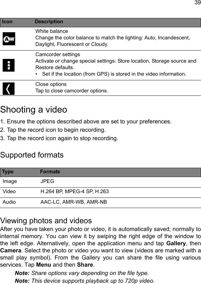 39Shooting a video1. Ensure the options described above are set to your preferences.2. Tap the record icon to begin recording. 3. Tap the record icon again to stop recording.Supported formatsType FormatsImage JPEGVideo H.264 BP, MPEG-4 SP, H.263Audio AAC-LC, AMR-WB, AMR-NBViewing photos and videosAfter you have taken your photo or video, it is automatically saved; normally to internal memory. You can view it by swiping the right edge of the window to the left edge. Alternatively, open the application menu and tap Gallery, then Camera. Select the photo or video you want to view (videos are marked with a small play symbol). From the Gallery you can share the file using various services. Tap Menu and then Share.Note: Share options vary depending on the file type.Note: This device supports playback up to 720p video.White balance Change the color balance to match the lighting: Auto, Incandescent, Daylight, Fluorescent or Cloudy.Camcorder settings Activate or change special settings: Store location, Storage source and Restore defaults.• Set if the location (from GPS) is stored in the video information.Close options Tap to close camcorder options.Icon Description