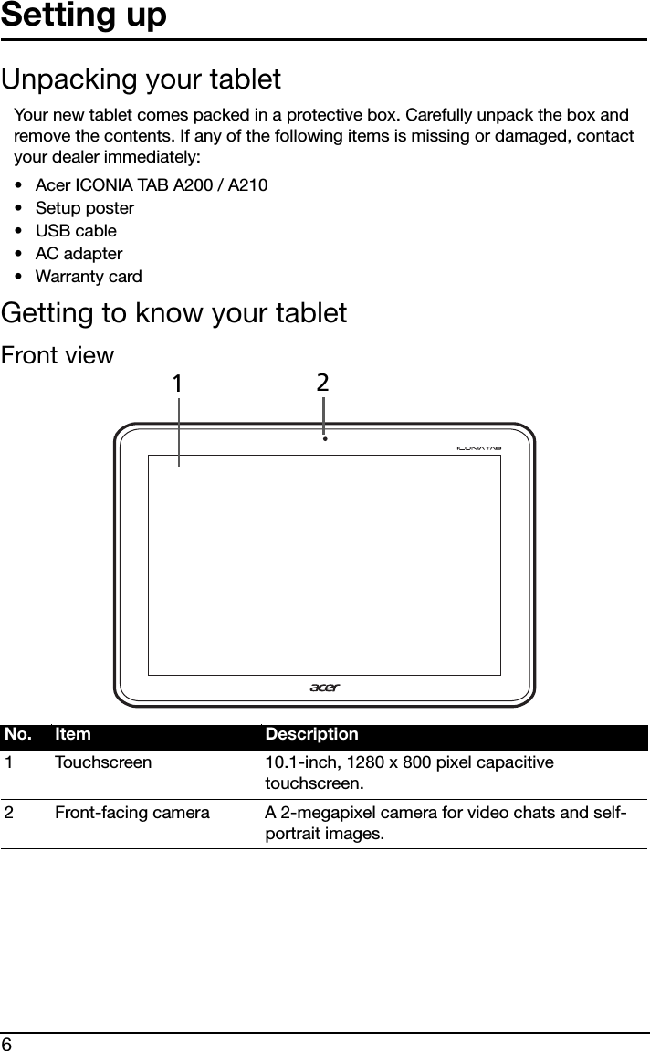 6Setting upUnpacking your tabletYour new tablet comes packed in a protective box. Carefully unpack the box and remove the contents. If any of the following items is missing or damaged, contact your dealer immediately:•Acer ICONIA TAB A200 / A210• Setup poster•USB cable•AC adapter• Warranty cardGetting to know your tabletFront12 viewNo. Item Description1 Touchscreen 10.1-inch, 1280 x 800 pixel capacitive touchscreen.2 Front-facing camera A 2-megapixel camera for video chats and self-portrait images.