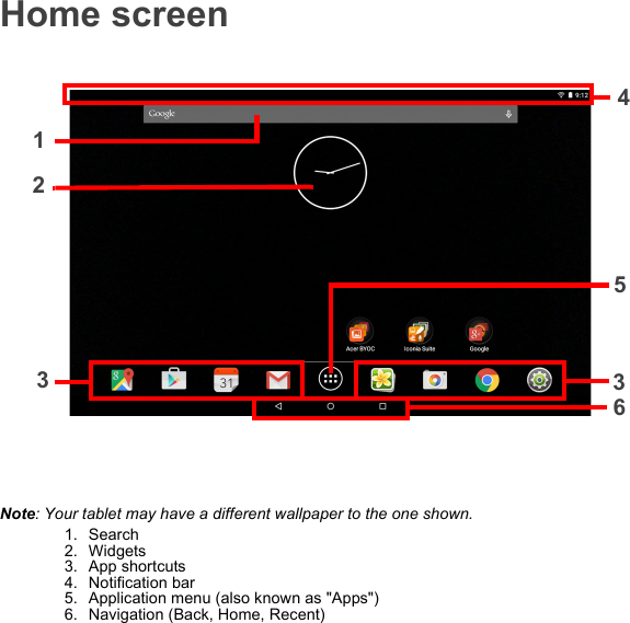 Home screen4123635Note: Your tablet may have a different wallpaper to the one shown.1. Search2. Widgets3. App shortcuts4. Notification bar5. Application menu (also known as &quot;Apps&quot;)6. Navigation (Back, Home, Recent)