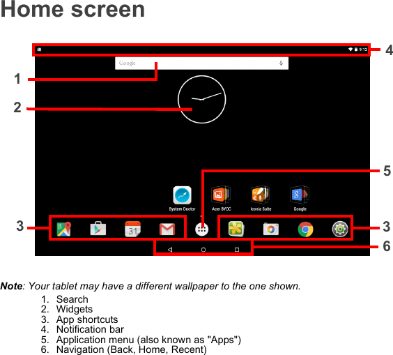 Home screen4123635Note: Your tablet may have a different wallpaper to the one shown.1. Search2. Widgets3. App shortcuts4. Notification bar5. Application menu (also known as &quot;Apps&quot;)6. Navigation (Back, Home, Recent)