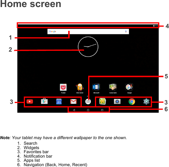 Home screen4123635Note: Your tablet may have a different wallpaper to the one shown.1. Search2. Widgets3. Favorites bar4. Notification bar5. Apps list6. Navigation (Back, Home, Recent)