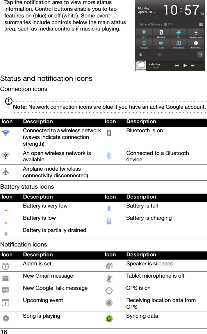 16Tap the notification area to view more status information. Control buttons enable you to tap features on (blue) or off (white). Some event summaries include controls below the main status area, such as media controls if music is playing.      Status and notification iconsConnection iconsNote: Network connection icons are blue if you have an active Google account.Battery status iconsNotification iconsIcon Description Icon DescriptionConnected to a wireless network (waves indicate connection strength)Bluetooth is onAn open wireless network is availableConnected to a Bluetooth deviceAirplane mode (wireless connectivity disconnected)Icon Description Icon DescriptionBattery is very low Battery is fullBattery is low Battery is chargingBattery is partially drainedIcon Description Icon DescriptionAlarm is set Speaker is silencedNew Gmail message Tablet microphone is offNew Google Talk message GPS is onUpcoming event Receiving location data from GPSSong is playing Syncing data