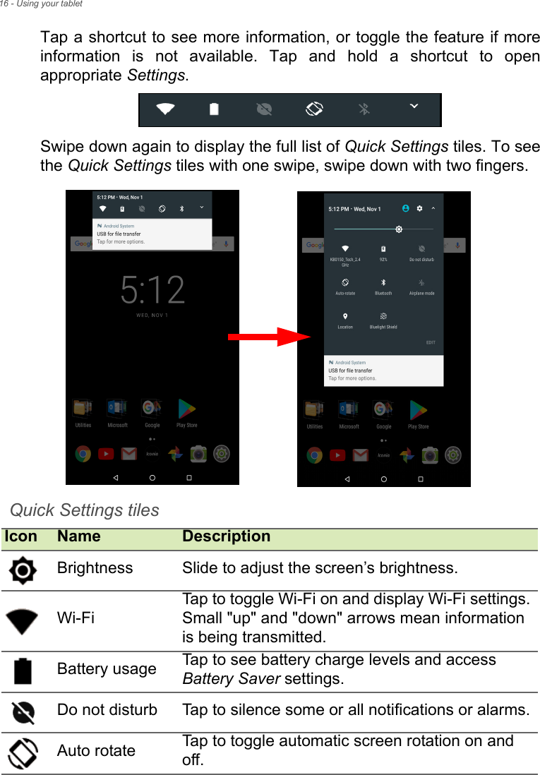 16 - Using your tabletTap a shortcut to see more information, or toggle the feature if more information is not available. Tap and hold a shortcut to open appropriate Settings.Swipe down again to display the full list of Quick Settings tiles. To see the Quick Settings tiles with one swipe, swipe down with two fingers.Quick Settings tiles Icon Name DescriptionBrightness Slide to adjust the screen’s brightness.Wi-FiTap to toggle Wi-Fi on and display Wi-Fi settings. Small &quot;up&quot; and &quot;down&quot; arrows mean information is being transmitted.Battery usage Tap to see battery charge levels and access Battery Saver settings.Do not disturb Tap to silence some or all notifications or alarms. Auto rotate Tap to toggle automatic screen rotation on and off.