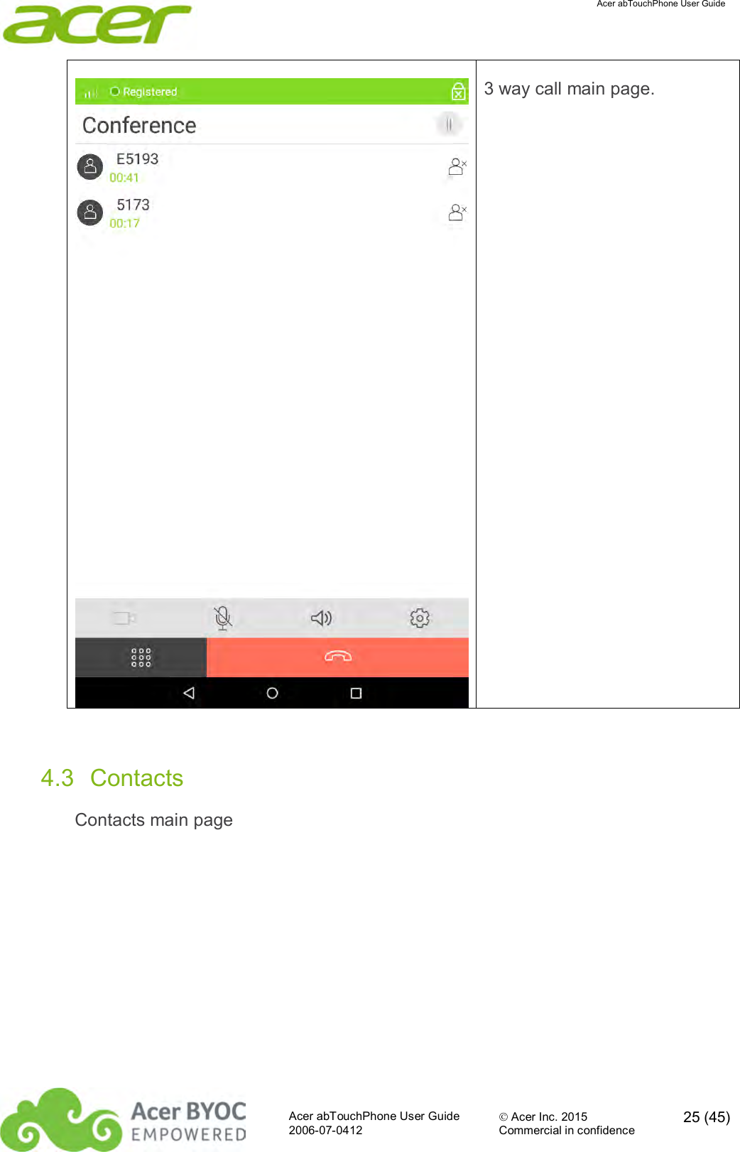  Acer abTouchPhone User Guide  Acer abTouchPhone User Guide  Acer Inc. 2015  25 (45)2006-07-0412 Commercial in confidence   3 way call main page.  4.3  Contacts Contacts main page 
