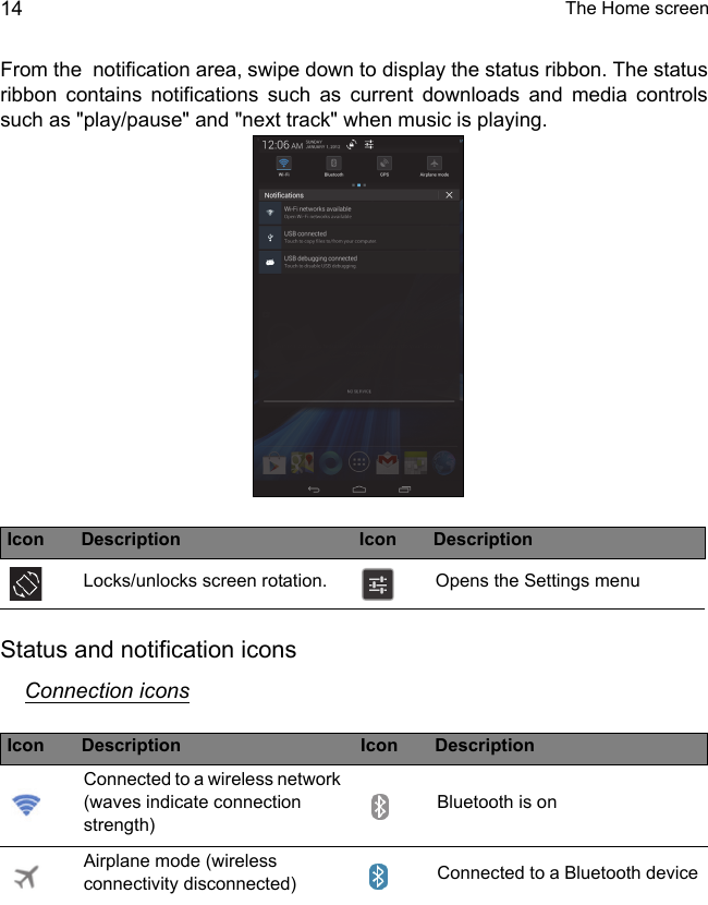  The Home screen14From the  notification area, swipe down to display the status ribbon. The status ribbon contains notifications such as current downloads and media controls such as &quot;play/pause&quot; and &quot;next track&quot; when music is playing.  Status and notification iconsConnection iconsIcon Description Icon DescriptionLocks/unlocks screen rotation. Opens the Settings menuIcon Description Icon DescriptionConnected to a wireless network (waves indicate connection strength)Bluetooth is onAirplane mode (wireless connectivity disconnected) Connected to a Bluetooth device