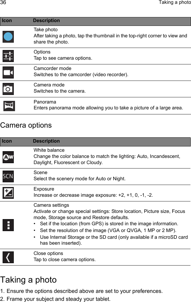  Taking a photo36Camera optionsIcon DescriptionWhite balance Change the color balance to match the lighting: Auto, Incandescent, Daylight, Fluorescent or Cloudy.Scene Select the scenery mode for Auto or Night.Exposure Increase or decrease image exposure: +2, +1, 0, -1, -2.Camera settings Activate or change special settings: Store location, Picture size, Focus mode, Storage source and Restore defaults.Close options Tap to close camera options.Taking a photo1. Ensure the options described above are set to your preferences.2. Frame your subject and steady your tablet.Take photo After taking a photo, tap the thumbnail in the top-right corner to view and share the photo.Options Tap to see camera options.Camcorder mode Switches to the camcorder (video recorder).Camera mode Switches to the camera.Panorama Enters panorama mode allowing you to take a picture of a large area.• Set if the location (from GPS) is stored in the image information.•Set the resolution of the image (VGA or QVGA, 1 MP or 2 MP).• Use Internal Storage or the SD card (only available if a microSD card has been inserted).Icon Description