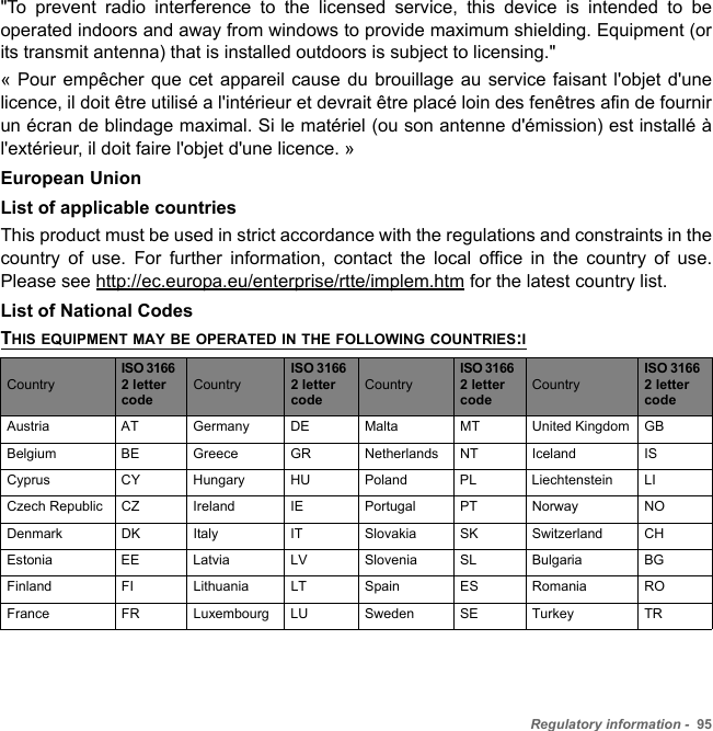 Regulatory information -  95&quot;To prevent radio interference to the licensed service, this device is intended to be operated indoors and away from windows to provide maximum shielding. Equipment (or its transmit antenna) that is installed outdoors is subject to licensing.&quot; « Pour empêcher que cet appareil cause du brouillage au service faisant l&apos;objet d&apos;une licence, il doit être utilisé a l&apos;intérieur et devrait être placé loin des fenêtres afin de fournir un écran de blindage maximal. Si le matériel (ou son antenne d&apos;émission) est installé à l&apos;extérieur, il doit faire l&apos;objet d&apos;une licence. » European UnionList of applicable countriesThis product must be used in strict accordance with the regulations and constraints in the country of use. For further information, contact the local office in the country of use. Please see http://ec.europa.eu/enterprise/rtte/implem.htm for the latest country list.List of National CodesTHIS EQUIPMENT MAY BE OPERATED IN THE FOLLOWING COUNTRIES:ICountryISO 3166 2 letter codeCountryISO 3166 2 letter codeCountryISO 3166 2 letter codeCountryISO 3166 2 letter codeAustria AT Germany DE Malta MT United Kingdom GBBelgium BE Greece GR Netherlands NT Iceland ISCyprus CY Hungary HU Poland PL Liechtenstein LICzech Republic CZ Ireland IE Portugal PT Norway NODenmark DK Italy IT Slovakia SK Switzerland CHEstonia EE Latvia LV Slovenia SL Bulgaria BGFinland FI Lithuania LT Spain ES Romania ROFrance FR Luxembourg LU Sweden SE Turkey TR