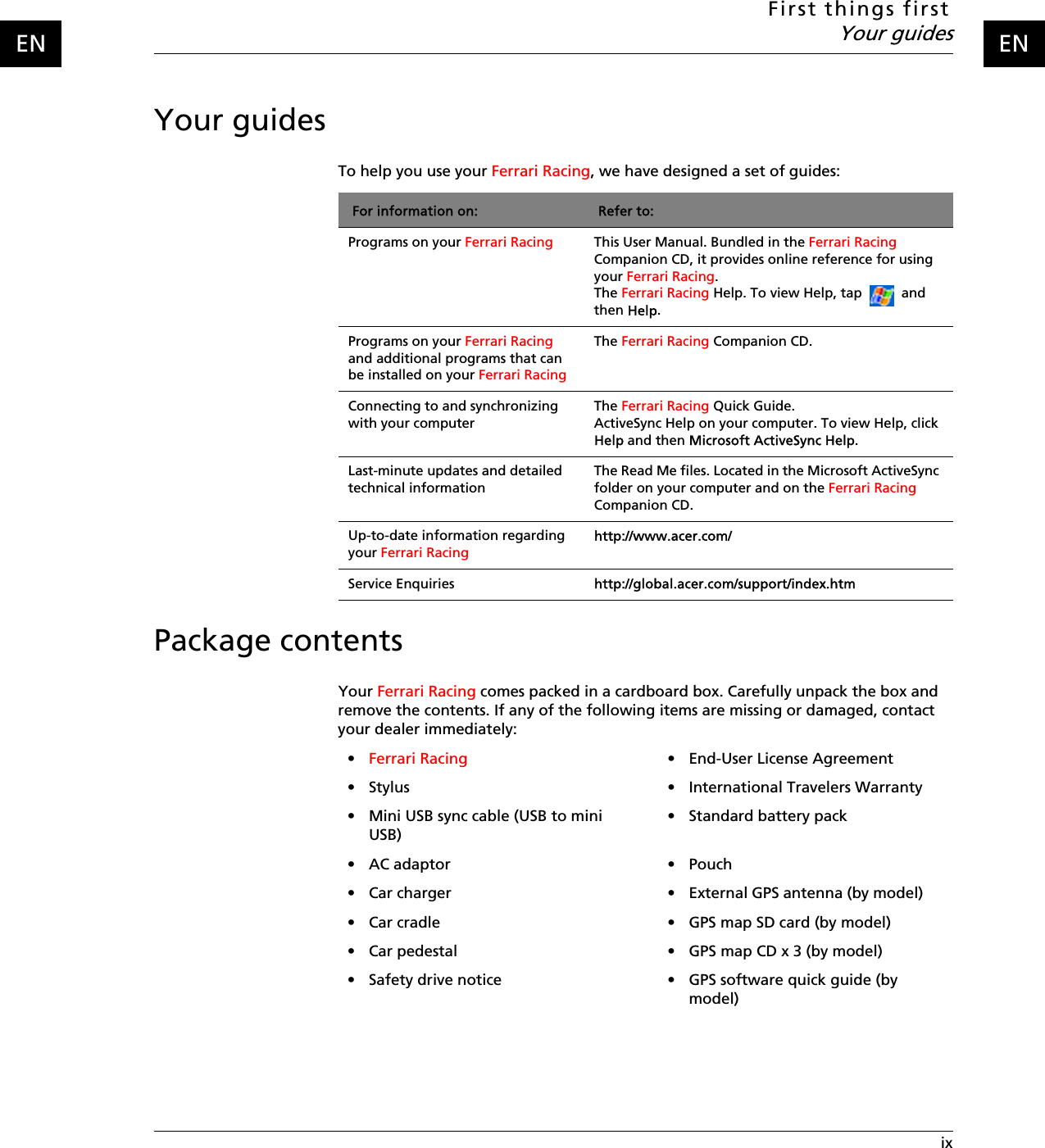 First things firstYour guides ixENENYour guidesTo help you use your Ferrari Racing, we have designed a set of guides:Package contentsYour Ferrari Racing comes packed in a cardboard box. Carefully unpack the box and remove the contents. If any of the following items are missing or damaged, contact your dealer immediately:For information on: Refer to:Programs on your Ferrari Racing This User Manual. Bundled in the Ferrari Racing Companion CD, it provides online reference for using your Ferrari Racing.The Ferrari Racing Help. To view Help, tap   and then Help. Programs on your Ferrari Racing and additional programs that can be installed on your Ferrari RacingThe Ferrari Racing Companion CD.Connecting to and synchronizing with your computerThe Ferrari Racing Quick Guide.ActiveSync Help on your computer. To view Help, click Help and then Microsoft ActiveSync Help.Last-minute updates and detailed technical informationThe Read Me files. Located in the Microsoft ActiveSync folder on your computer and on the Ferrari Racing Companion CD.Up-to-date information regarding your Ferrari Racing http://www.acer.com/Service Enquiries http://global.acer.com/support/index.htm•Ferrari Racing  • End-User License Agreement• Stylus • International Travelers Warranty• Mini USB sync cable (USB to mini USB)• Standard battery pack• AC adaptor • Pouch• Car charger • External GPS antenna (by model)• Car cradle • GPS map SD card (by model)• Car pedestal • GPS map CD x 3 (by model)• Safety drive notice • GPS software quick guide (by model)