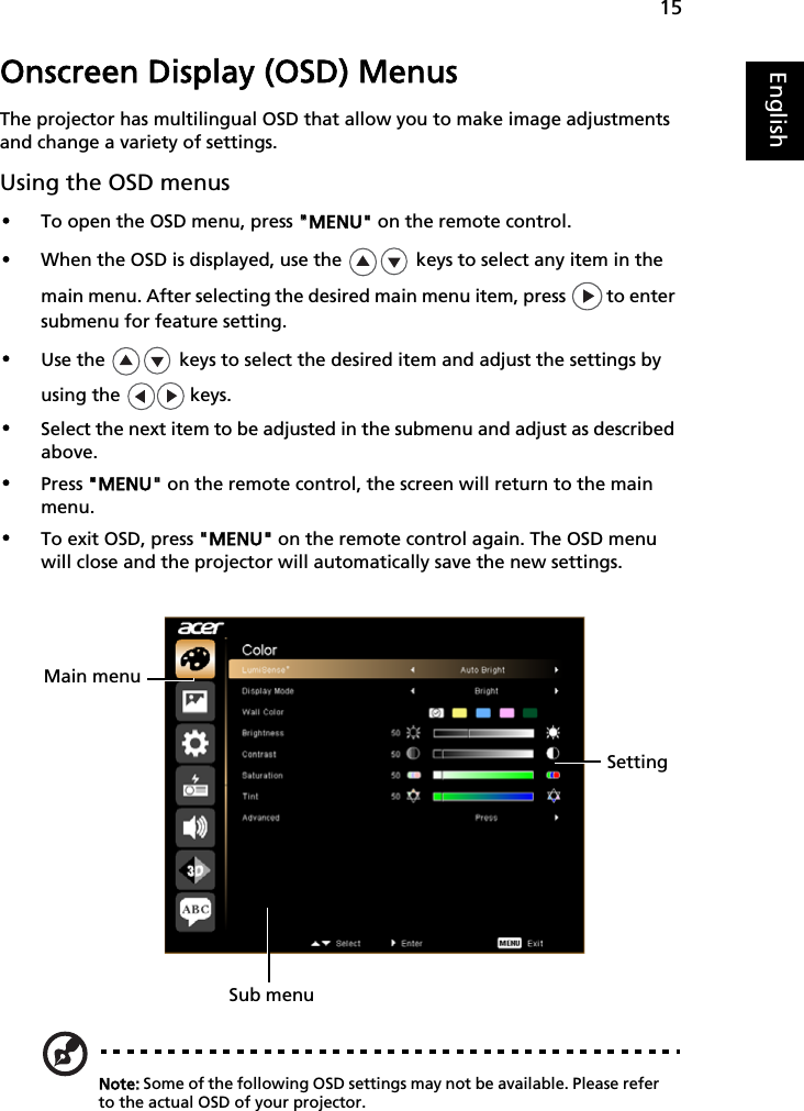 15EnglishOnscreen Display (OSD) MenusThe projector has multilingual OSD that allow you to make image adjustments and change a variety of settings.Using the OSD menus•To open the OSD menu, press &quot;&quot;MENU&quot; on the remote control.•When the OSD is displayed, use the   keys to select any item in the main menu. After selecting the desired main menu item, press   to enter submenu for feature setting.•Use the   keys to select the desired item and adjust the settings by using the   keys.•Select the next item to be adjusted in the submenu and adjust as described above.•Press &quot;&quot;MENU&quot; on the remote control, the screen will return to the main menu.•To exit OSD, press &quot;&quot;MENU&quot; on the remote control again. The OSD menu will close and the projector will automatically save the new settings.Note: Some of the following OSD settings may not be available. Please refer to the actual OSD of your projector.SettingMain menuSub menu