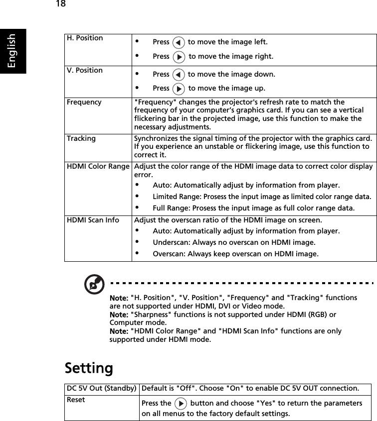 18EnglishNote: &quot;H. Position&quot;, &quot;V. Position&quot;, &quot;Frequency&quot; and &quot;Tracking&quot; functions are not supported under HDMI, DVI or Video mode.Note: &quot;Sharpness&quot; functions is not supported under HDMI (RGB) or Computer mode.Note: &quot;HDMI Color Range&quot; and &quot;HDMI Scan Info&quot; functions are only supported under HDMI mode.SettingH. Position•Press   to move the image left.•Press   to move the image right.V. Position•Press   to move the image down.•Press   to move the image up.Frequency &quot;Frequency&quot; changes the projector&apos;s refresh rate to match the frequency of your computer’s graphics card. If you can see a vertical flickering bar in the projected image, use this function to make the necessary adjustments.Tracking Synchronizes the signal timing of the projector with the graphics card. If you experience an unstable or flickering image, use this function to correct it.HDMI Color Range Adjust the color range of the HDMI image data to correct color display error.•Auto: Automatically adjust by information from player.•Limited Range: Prosess the input image as limited color range data.•Full Range: Prosess the input image as full color range data.HDMI Scan Info Adjust the overscan ratio of the HDMI image on screen.•Auto: Automatically adjust by information from player.•Underscan: Always no overscan on HDMI image.•Overscan: Always keep overscan on HDMI image.DC 5V Out (Standby) Default is &quot;Off&quot;. Choose &quot;On&quot; to enable DC 5V OUT connection.Reset Press the   button and choose &quot;Yes&quot; to return the parameters on all menus to the factory default settings.