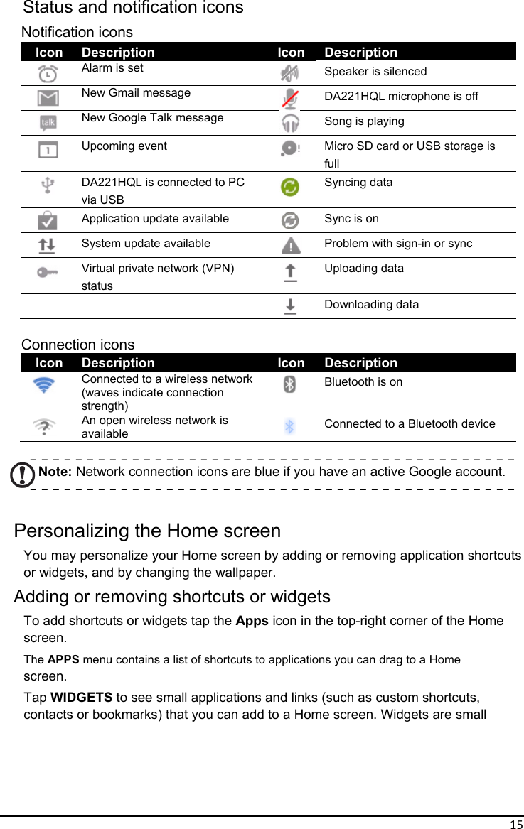 15Status and notification icons Notification icons Icon Description Icon Description  Alarm is set    Speaker is silenced  New Gmail message    DA221HQL microphone is off  New Google Talk message    Song is playing  Upcoming event    Micro SD card or USB storage is full  DA221HQL is connected to PC via USB  Syncing data  Application update available    Sync is on  System update available    Problem with sign-in or sync  Virtual private network (VPN) status  Uploading data    Downloading data  Connection icons Icon Description Icon Description  Connected to a wireless network (waves indicate connection strength)  Bluetooth is on  An open wireless network is available   Connected to a Bluetooth device  Note: Network connection icons are blue if you have an active Google account.  Personalizing the Home screen You may personalize your Home screen by adding or removing application shortcuts or widgets, and by changing the wallpaper. Adding or removing shortcuts or widgets To add shortcuts or widgets tap the Apps icon in the top-right corner of the Home   screen. The APPS menu contains a list of shortcuts to applications you can drag to a Home screen. Tap WIDGETS to see small applications and links (such as custom shortcuts, contacts or bookmarks) that you can add to a Home screen. Widgets are small        