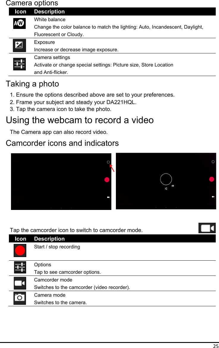 25Camera options Icon Description  White balance   Change the color balance to match the lighting: Auto, Incandescent, Daylight, Fluorescent or Cloudy.  Exposure  Increase or decrease image exposure.  Camera settings   Activate or change special settings: Picture size, Store Location and Anti-flicker. Taking a photo 1. Ensure the options described above are set to your preferences. 2. Frame your subject and steady your DA221HQL. 3. Tap the camera icon to take the photo. Using the webcam to record a video The Camera app can also record video. Camcorder icons and indicators       Tap the camcorder icon to switch to camcorder mode. Icon Description  Start / stop recording  Options  Tap to see camcorder options.  Camcorder mode   Switches to the camcorder (video recorder).  Camera mode   Switches to the camera.   