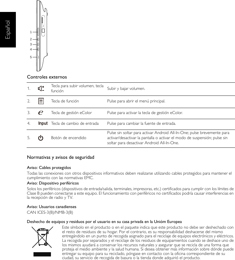 EspañolControles externosNormativas y avisos de seguridadAviso: Cables protegidosTodas las conexiones con otros dispositivos informativos deben realizarse utilizando cables protegidos para mantener el cumplimiento con las normativas EMC.Aviso: Dispositivo periféricosSolos los periféricos (dispositivos de entrada/salida, terminales, impresoras, etc.) certificados para cumplir con los límites de Clase B pueden conectarse a este equipo. El funcionamiento con periféricos no certificados podría causar interferencias en la recepción de radio y TV.Aviso: Usuarios canadiensesCAN ICES-3(B)/NMB-3(B)Deshecho de equipos y residuos por el usuario en su casa privada en la Unióm EuropeaEste símbolo en el producto o en el paquete indica que este producto no debe ser deshechado con el resto de residuos de su hogar. Por el contrario, es su responsabilidad deshacerse del mismo entregándolo en un punto de recogida asignado para el reciclaje de equipos electrónicos y eléctricos. La recogida por separados y el reciclaje de los residuos de equipamientos cuando se deshace uno de los mismos ayudará a conservar los recursos naturales y asegurar que se recicla de una forma que proteja el medio ambiente y la salud humana. Si desea obtener más información sobre dónde puede entregar su equipo para su reciclado, póngase en contacto con la oficina correspondiente de su ciudad, su servicio de recogida de basura o la tienda donde adquirió el producto.1. Tecla para subir volumen, tecla función Subir y bajar volumen.2. Tecla de función Pulse para abrir el menú principal.3. Tecla de gestión eColor Pulse para activar la tecla de gestión eColor.4. Tecla de cambio de entrada Pulse para cambiar la fuente de entrada.5. Botón de encendidoPulse sin soltar para activar Android All-In-One; pulse brevemente para activar/desactivar la pantalla o activar el modo de suspensión; pulse sin soltar para desactivar Android All-In-One.12345