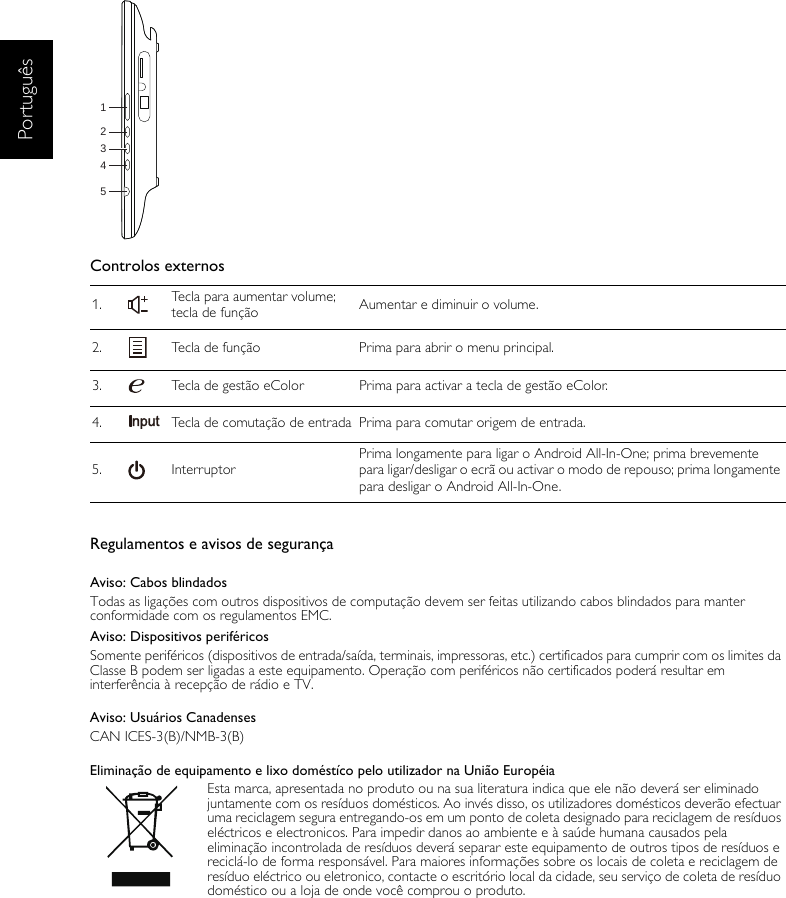 PortuguêsControlos externosRegulamentos e avisos de segurançaAviso: Cabos blindadosTodas as ligações com outros dispositivos de computação devem ser feitas utilizando cabos blindados para manter conformidade com os regulamentos EMC.Aviso: Dispositivos periféricosSomente periféricos (dispositivos de entrada/saída, terminais, impressoras, etc.) certificados para cumprir com os limites da Classe B podem ser ligadas a este equipamento. Operação com periféricos não certificados poderá resultar em interferência à recepção de rádio e TV.Aviso: Usuários CanadensesCAN ICES-3(B)/NMB-3(B)Eliminação de equipamento e lixo doméstíco pelo utilizador na União EuropéiaEsta marca, apresentada no produto ou na sua literatura indica que ele não deverá ser eliminado juntamente com os resíduos domésticos. Ao invés disso, os utilizadores domésticos deverão efectuar uma reciclagem segura entregando-os em um ponto de coleta designado para reciclagem de resíduos eléctricos e electronicos. Para impedir danos ao ambiente e à saúde humana causados pela eliminação incontrolada de resíduos deverá separar este equipamento de outros tipos de resíduos e reciclá-lo de forma responsável. Para maiores informações sobre os locais de coleta e reciclagem de resíduo eléctrico ou eletronico, contacte o escritório local da cidade, seu serviço de coleta de resíduo doméstico ou a loja de onde você comprou o produto.1. Tecla para aumentar volume; tecla de função Aumentar e diminuir o volume.2. Tecla de função Prima para abrir o menu principal.3. Tecla de gestão eColor Prima para activar a tecla de gestão eColor.4. Tecla de comutação de entrada Prima para comutar origem de entrada.5. InterruptorPrima longamente para ligar o Android All-In-One; prima brevemente para ligar/desligar o ecrã ou activar o modo de repouso; prima longamente para desligar o Android All-In-One.12345