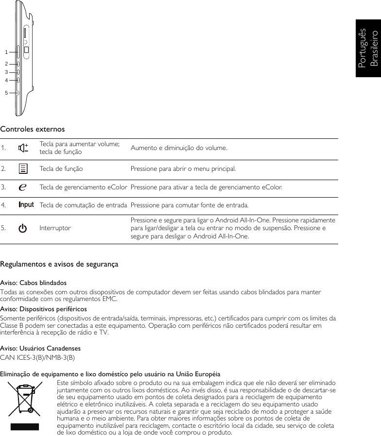 Português BrasileiroControles externosRegulamentos e avisos de segurançaAviso: Cabos blindadosTodas as conexões com outros disopositivos de computador devem ser feitas usando cabos blindados para manter conformidade com os regulamentos EMC.Aviso: Dispositivos periféricosSomente periféricos (dispositivos de entrada/saída, terminais, impressoras, etc.) certificados para cumprir com os limites da Classe B podem ser conectadas a este equipamento. Operação com periféricos não certificados poderá resultar em interferência à recepção de rádio e TV.Aviso: Usuários CanadensesCAN ICES-3(B)/NMB-3(B)Eliminação de equipamento e lixo doméstíco pelo usuário na União EuropéiaEste símbolo afixado sobre o produto ou na sua embalagem indica que ele não deverá ser eliminado juntamente com os outros lixos domésticos. Ao invés disso, é sua responsabilidade o de descartar-se de seu equipamento usado em pontos de coleta designados para a reciclagem de equipamento elétrico e eletrônico inutilizáveis. A coleta separada e a reciclagem do seu equipamento usado ajudarão a preservar os recursos naturais e garantir que seja reciclado de modo a proteger a saúde humana e o meio ambiente. Para obter maiores informações sobre os pontos de coleta de equipamento inutilizável para reciclagem, contacte o escritório local da cidade, seu serviço de coleta de lixo doméstico ou a loja de onde você comprou o produto.1. Tecla para aumentar volume; tecla de função Aumento e diminuição do volume.2. Tecla de função Pressione para abrir o menu principal.3. Tecla de gerenciamento eColor Pressione para ativar a tecla de gerenciamento eColor.4. Tecla de comutação de entrada Presssione para comutar fonte de entrada.5. InterruptorPressione e segure para ligar o Android All-In-One. Pressione rapidamente para ligar/desligar a tela ou entrar no modo de suspensão. Pressione e segure para desligar o Android All-In-One.12345