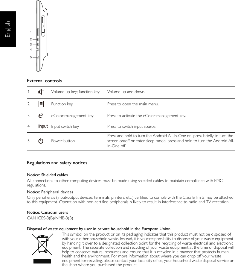 EnglishExternal controlsRegulations and safety noticesNotice: Shielded cablesAll connections to other computing devices must be made using shielded cables to maintain compliance with EMC regulations.Notice: Peripheral devicesOnly peripherals (input/output devices, terminals, printers, etc.) certified to comply with the Class B limits may be attached to this equipment. Operation with non-certified peripherals is likely to result in interference to radio and TV reception.Notice: Canadian usersCAN ICES-3(B)/NMB-3(B)Disposal of waste equipment by user in private household in the European UnionThis symbol on the product or on its packaging indicates that this product must not be disposed of with your other household waste. Instead, it is your responsibility to dispose of your waste equipment by handing it over to a designated collection point for the recycling of waste electrical and electronic equipment. The separate collection and recycling of your waste equipment at the time of disposal will help to conserve natural resources and ensure that it is recycled in a manner that protects human health and the environment. For more information about where you can drop off your waste equipment for recycling, please contact your local city office, your household waste disposal service or the shop where you purchased the product.1. Volume up key; function key Volume up and down.2. Function key Press to open the main menu.3. eColor management key Press to activate the eColor management key.4. Input switch key Press to switch input source.5. Power buttonPress and hold to turn the Android All-In-One on; press briefly to turn the screen on/off or enter sleep mode; press and hold to turn the Android All-In-One off.12345