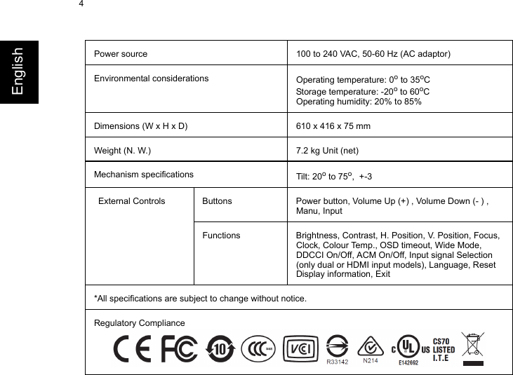 4EnglishPower source  100 to 240 VAC, 50-60 Hz (AC adaptor)Environmental considerations Operating temperature: 0o to 35oC Storage temperature: -20o to 60oC Operating humidity: 20% to 85%Dimensions (W x H x D) 610 x 416 x 75 mmWeight (N. W.) 7.2 kg Unit (net)Mechanism specifications Tilt: 20o to 75o,  +-3External Controls Buttons  Power button, Volume Up (+) , Volume Down (- ) , Manu, InputFunctions Brightness, Contrast, H. Position, V. Position, Focus, Clock, Colour Temp., OSD timeout, Wide Mode, DDCCI On/Off, ACM On/Off, Input signal Selection (only dual or HDMI input models), Language, Reset Display information, Exit  *All specifications are subject to change without notice.Regulatory Compliance