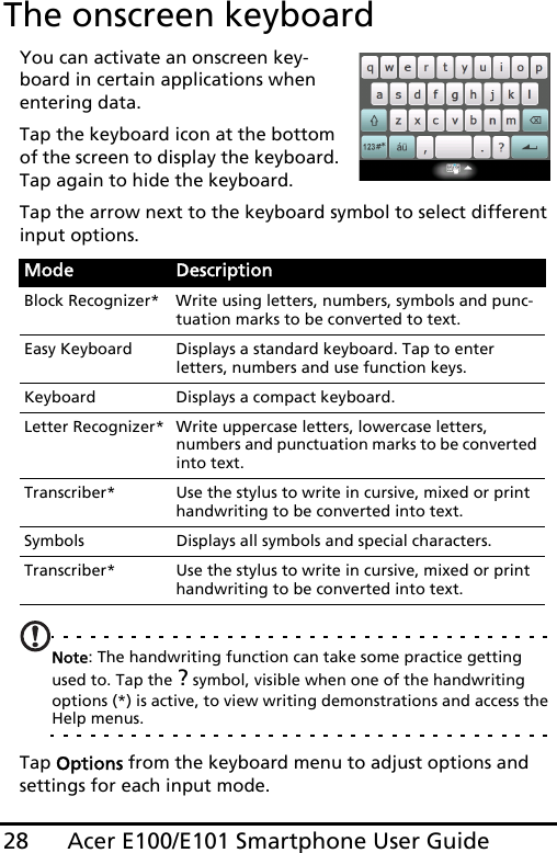 Acer E100/E101 Smartphone User Guide28The onscreen keyboardYou can activate an onscreen key-board in certain applications when entering data.Tap the keyboard icon at the bottom of the screen to display the keyboard. Tap again to hide the keyboard.Tap the arrow next to the keyboard symbol to select different input options.Note: The handwriting function can take some practice getting used to. Tap the ? symbol, visible when one of the handwriting options (*) is active, to view writing demonstrations and access the Help menus.Tap Options from the keyboard menu to adjust options and settings for each input mode.Mode DescriptionBlock Recognizer* Write using letters, numbers, symbols and punc-tuation marks to be converted to text. Easy Keyboard Displays a standard keyboard. Tap to enter  letters, numbers and use function keys.Keyboard Displays a compact keyboard.Letter Recognizer* Write uppercase letters, lowercase letters,  numbers and punctuation marks to be converted into text.Transcriber* Use the stylus to write in cursive, mixed or print handwriting to be converted into text.Symbols Displays all symbols and special characters.Transcriber* Use the stylus to write in cursive, mixed or print handwriting to be converted into text.