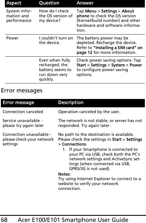 Acer E100/E101 Smartphone User Guide68Error messagesSystem infor-mation and  performanceHow do I check the OS version of my device?Tap Menu &gt; Settings &gt; About phone to check the OS version (Kernel/build number) and other hardware and software informa-tion.Power I couldn’t turn on the device.The battery power may be depleted. Recharge the device. Refer to “Installing a SIM card” on page 12 for more information.Even when fully recharged, the battery seems to run down very quickly.Check power saving options. Tap Start &gt; Settings &gt; System &gt; Power to configure power saving options.Error message DescriptionConnection canceled  Operation canceled by the user. Service unavailable - please try again later The network is not stable, or server has not responded. Try again later. Connection unavailable - please check your network settingsNo path to the destination is available. Please check the settings in Start &gt; Settings &gt; Connections. 1. If your Smartphone is connected to your PC via USB, check both the PC&apos;s network settings and ActiveSync set-tings (when connected via USB,  GPRS/3G is not used).Notes: Try using Internet Explorer to connect to a website to verify your network  connection.Aspect Question Answer