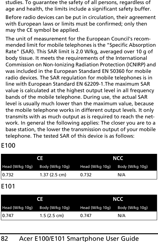 Acer E100/E101 Smartphone User Guide82studies. To guarantee the safety of all persons, regardless of age and health, the limits include a significant safety buffer.Before radio devices can be put in circulation, their agreement with European laws or limits must be confirmed; only then may the CE symbol be applied.The unit of measurement for the European Council&apos;s recom-mended limit for mobile telephones is the &quot;Specific Absorption Rate&quot; (SAR). This SAR limit is 2.0 W/kg, averaged over 10 g of body tissue. It meets the requirements of the International Commission on Non-Ionizing Radiation Protection (ICNIRP) and was included in the European Standard EN 50360 for mobile radio devices. The SAR regulation for mobile telephones is in line with European Standard EN 62209-1.The maximum SAR value is calculated at the highest output level in all frequency bands of the mobile telephone. During use, the actual SAR level is usually much lower than the maximum value, because the mobile telephone works in different output levels. It only transmits with as much output as is required to reach the net-work. In general the following applies: The closer you are to a base station, the lower the transmission output of your mobile telephone. The tested SAR of this device is as follows:E100E101CE NCCHead (W/kg 10g) Body (W/kg 10g) Head (W/kg 10g) Body (W/kg 10g)0.732 1.37 (2.5 cm) 0.732 N/ACE NCCHead (W/kg 10g) Body (W/kg 10g) Head (W/kg 10g) Body (W/kg 10g)0.747 1.5 (2.5 cm) 0.747 N/A