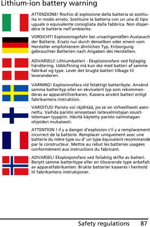 87Safety regulationsLithium-ion battery warningATTENZIONE! Rischio di esplosione della batteria se sostitu-ita in modo errato. Sostituire la batteria con un una di tipo uguale o equivalente consigliata dalla fabbrica. Non disper-dere le batterie nell’ambiente.VORSICHT! Explosionsgefahr bei unsachgemäßen Austausch der Batterie. Ersatz nur durch denselben oder einem vom Hersteller empfohlenem ähnlichen Typ. Entsorgung gebrauchter Batterien nach Angaben des Herstellers.ADVARSELI! Lithiumbatteri - Eksplosionsfare ved fejlagtig håndtering. Udskiftning må kun ske med batteri af samme fabrikat og type. Levér det brugte batteri tilbage til leverandøren.VARNING! Explosionsfara vid felaktigt batteribyte. Använd samma batterityp eller en ekvivalent typ som rekommen-deras av apparattillverkaren. Kassera använt batteri enligt fabrikantens instruktion.VAROITUS! Paristo voi räjähtää, jos se on virheellisesti asen-nettu. Vaihda paristo ainoastaan laitevalmistajan sousit-telemaan tyyppiin. Hävitä käytetty paristo valmistagan ohjeiden mukaisesti.ATTENTION ! Il y a danger d’explosion s’il y a remplacement incorrect de la batterie. Remplacer uniquement avec une batterie du mêre type ou d’ un type équivalent recommandé par le constructeur. Mettre au rebut les batteries usagées conformément aux instructions du fabricant.ADVARSEL! Eksplosjonsfare ved feilaktig skifte av batteri. Benytt samme batteritype eller en tilsvarende type anbefalt av apparatfabrikanten. Brukte batterier kasseres i henhold til fabrikantens instruksjoner.
