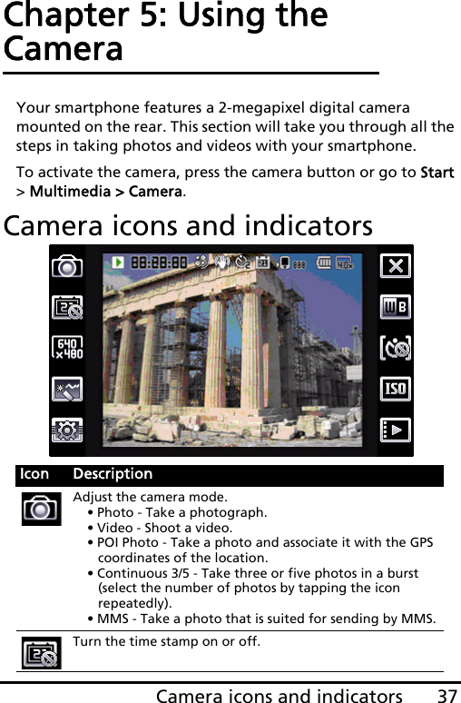 37Camera icons and indicatorsChapter 5: Using the CameraYour smartphone features a 2-megapixel digital camera mounted on the rear. This section will take you through all the steps in taking photos and videos with your smartphone.To activate the camera, press the camera button or go to Start &gt; Multimedia &gt; Camera.Camera icons and indicatorsIcon DescriptionAdjust the camera mode.• Photo - Take a photograph.• Video - Shoot a video.• POI Photo - Take a photo and associate it with the GPS coordinates of the location.• Continuous 3/5 - Take three or five photos in a burst (select the number of photos by tapping the icon repeatedly).• MMS - Take a photo that is suited for sending by MMS.Turn the time stamp on or off.