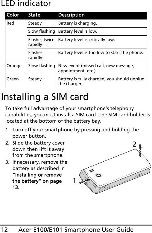 Acer E100/E101 Smartphone User Guide12LED indicatorInstalling a SIM cardTo take full advantage of your smartphone’s telephony capabilities, you must install a SIM card. The SIM card holder is located at the bottom of the battery bay.1. Turn off your smartphone by pressing and holding the power button.2. Slide the battery cover down then lift it away from the smartphone.3. If necessary, remove the battery as described in “Installing or remove the battery“ on page 13. Color State DescriptionRed Steady Battery is charging.Slow flashing Battery level is low.Flashes twice rapidlyBattery level is critically low.Flashes rapidlyBattery level is too low to start the phone.Orange Slow flashing New event (missed call, new message, appointment, etc.)Green Steady Battery is fully charged; you should unplug the charger.12