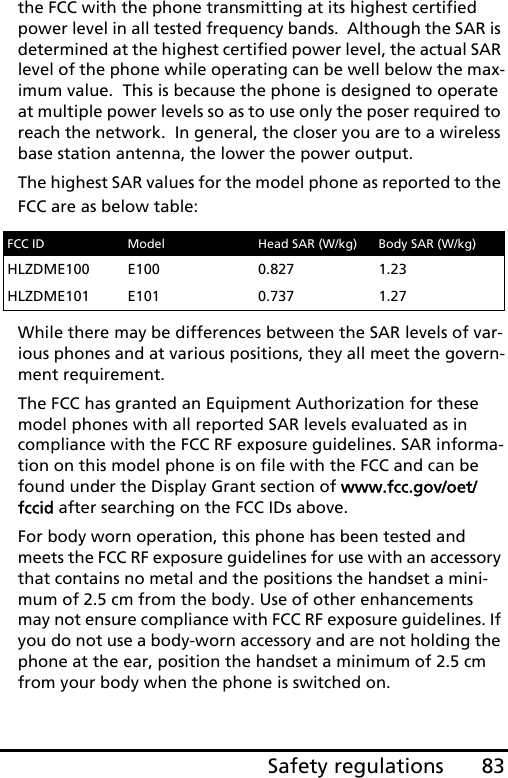 83Safety regulationsthe FCC with the phone transmitting at its highest certified power level in all tested frequency bands.  Although the SAR is determined at the highest certified power level, the actual SAR level of the phone while operating can be well below the max-imum value.  This is because the phone is designed to operate at multiple power levels so as to use only the poser required to reach the network.  In general, the closer you are to a wireless base station antenna, the lower the power output.The highest SAR values for the model phone as reported to the FCC are as below table:While there may be differences between the SAR levels of var-ious phones and at various positions, they all meet the govern-ment requirement.The FCC has granted an Equipment Authorization for these model phones with all reported SAR levels evaluated as in compliance with the FCC RF exposure guidelines. SAR informa-tion on this model phone is on file with the FCC and can be found under the Display Grant section of www.fcc.gov/oet/fccid after searching on the FCC IDs above.For body worn operation, this phone has been tested and meets the FCC RF exposure guidelines for use with an accessory that contains no metal and the positions the handset a mini-mum of 2.5 cm from the body. Use of other enhancements may not ensure compliance with FCC RF exposure guidelines. If you do not use a body-worn accessory and are not holding the phone at the ear, position the handset a minimum of 2.5 cm from your body when the phone is switched on.FCC ID Model Head SAR (W/kg) Body SAR (W/kg)HLZDME100 E100 0.827 1.23HLZDME101 E101 0.737 1.27