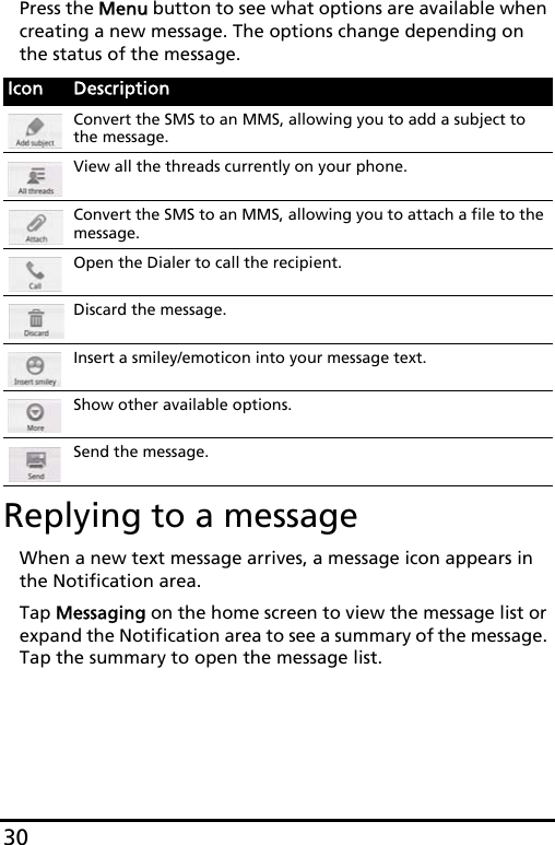 30Press the Menu button to see what options are available when creating a new message. The options change depending on the status of the message.Replying to a messageWhen a new text message arrives, a message icon appears in the Notification area.Tap Messaging on the home screen to view the message list or expand the Notification area to see a summary of the message. Tap the summary to open the message list.Icon DescriptionConvert the SMS to an MMS, allowing you to add a subject to the message.View all the threads currently on your phone.Convert the SMS to an MMS, allowing you to attach a file to the message.Open the Dialer to call the recipient.Discard the message.Insert a smiley/emoticon into your message text.Show other available options.Send the message.