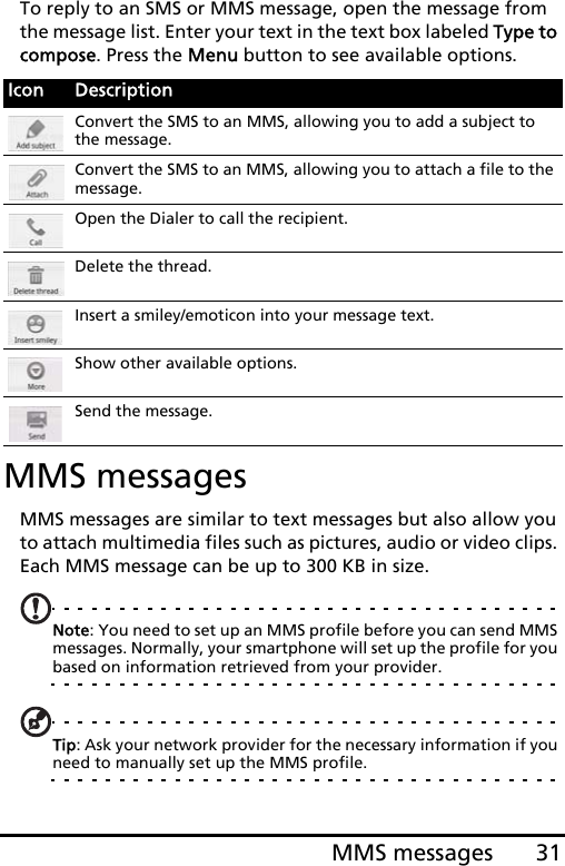 31MMS messagesTo reply to an SMS or MMS message, open the message from the message list. Enter your text in the text box labeled Type to compose. Press the Menu button to see available options. MMS messagesMMS messages are similar to text messages but also allow you to attach multimedia files such as pictures, audio or video clips. Each MMS message can be up to 300 KB in size.Note: You need to set up an MMS profile before you can send MMS messages. Normally, your smartphone will set up the profile for you based on information retrieved from your provider.Tip: Ask your network provider for the necessary information if you need to manually set up the MMS profile.Icon DescriptionConvert the SMS to an MMS, allowing you to add a subject to the message.Convert the SMS to an MMS, allowing you to attach a file to the message.Open the Dialer to call the recipient.Delete the thread.Insert a smiley/emoticon into your message text.Show other available options.Send the message.