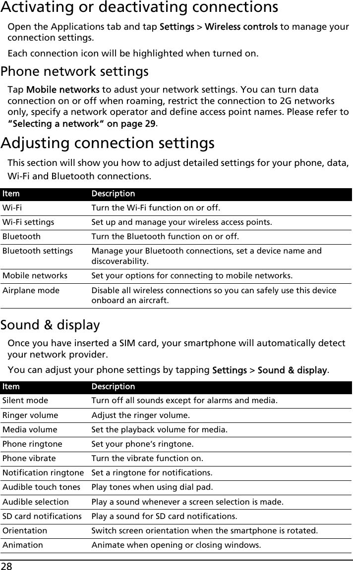 28Activating or deactivating connectionsOpen the Applications tab and tap Settings &gt; Wireless controls to manage your connection settings.Each connection icon will be highlighted when turned on.Phone network settingsTap Mobile networks to adust your network settings. You can turn data connection on or off when roaming, restrict the connection to 2G networks only, specify a network operator and define access point names. Please refer to “Selecting a network“ on page 29.Adjusting connection settingsThis section will show you how to adjust detailed settings for your phone, data, Wi-Fi and Bluetooth connections.Sound &amp; displayOnce you have inserted a SIM card, your smartphone will automatically detect your network provider.You can adjust your phone settings by tapping Settings &gt; Sound &amp; display.Item DescriptionWi-Fi Turn the Wi-Fi function on or off.Wi-Fi settings Set up and manage your wireless access points.Bluetooth Turn the Bluetooth function on or off.Bluetooth settings Manage your Bluetooth connections, set a device name and discoverability.Mobile networks Set your options for connecting to mobile networks.Airplane mode Disable all wireless connections so you can safely use this device onboard an aircraft.Item DescriptionSilent mode Turn off all sounds except for alarms and media.Ringer volume Adjust the ringer volume.Media volume Set the playback volume for media.Phone ringtone Set your phone’s ringtone.Phone vibrate Turn the vibrate function on.Notification ringtone Set a ringtone for notifications.Audible touch tones Play tones when using dial pad.Audible selection Play a sound whenever a screen selection is made.SD card notifications Play a sound for SD card notifications.Orientation Switch screen orientation when the smartphone is rotated.Animation Animate when opening or closing windows.