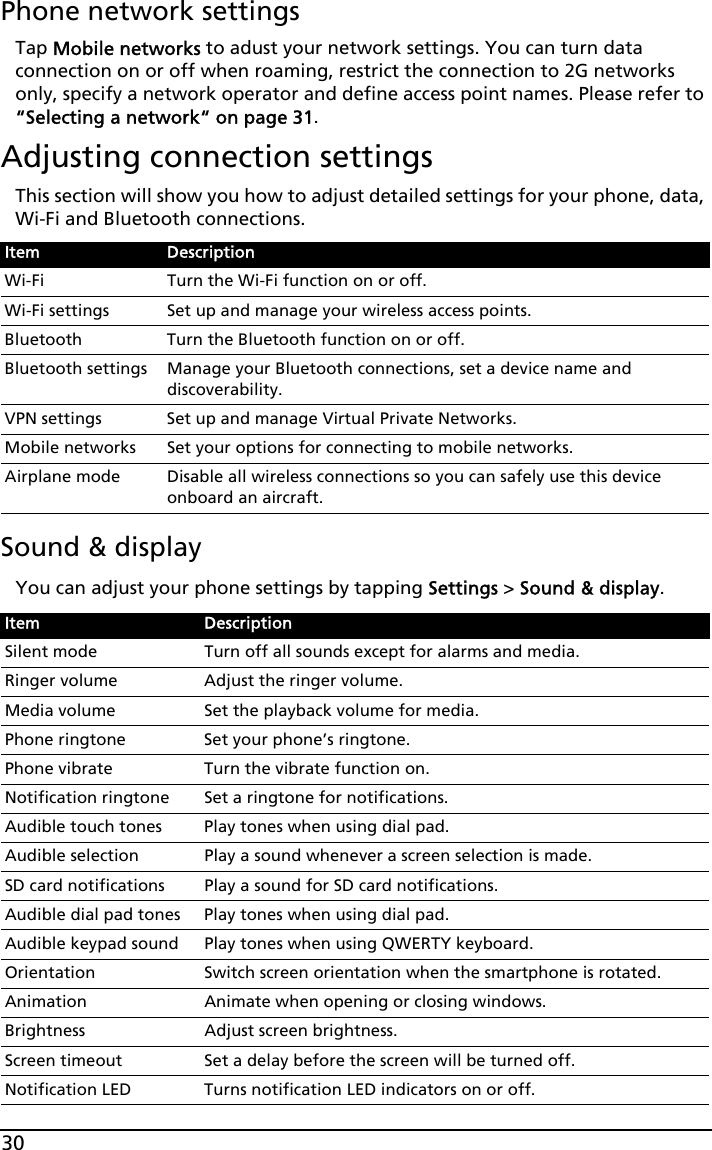 30Phone network settingsTap Mobile networks to adust your network settings. You can turn data connection on or off when roaming, restrict the connection to 2G networks only, specify a network operator and define access point names. Please refer to “Selecting a network“ on page 31.Adjusting connection settingsThis section will show you how to adjust detailed settings for your phone, data, Wi-Fi and Bluetooth connections.Sound &amp; displayYou can adjust your phone settings by tapping Settings &gt; Sound &amp; display.Item DescriptionWi-Fi Turn the Wi-Fi function on or off.Wi-Fi settings Set up and manage your wireless access points.Bluetooth Turn the Bluetooth function on or off.Bluetooth settings Manage your Bluetooth connections, set a device name and discoverability.VPN settings Set up and manage Virtual Private Networks.Mobile networks Set your options for connecting to mobile networks.Airplane mode Disable all wireless connections so you can safely use this device onboard an aircraft.Item DescriptionSilent mode Turn off all sounds except for alarms and media.Ringer volume Adjust the ringer volume.Media volume Set the playback volume for media.Phone ringtone Set your phone’s ringtone.Phone vibrate Turn the vibrate function on.Notification ringtone Set a ringtone for notifications.Audible touch tones Play tones when using dial pad.Audible selection Play a sound whenever a screen selection is made.SD card notifications Play a sound for SD card notifications.Audible dial pad tones Play tones when using dial pad.Audible keypad sound Play tones when using QWERTY keyboard.Orientation Switch screen orientation when the smartphone is rotated.Animation Animate when opening or closing windows.Brightness Adjust screen brightness.Screen timeout Set a delay before the screen will be turned off.Notification LED Turns notification LED indicators on or off.