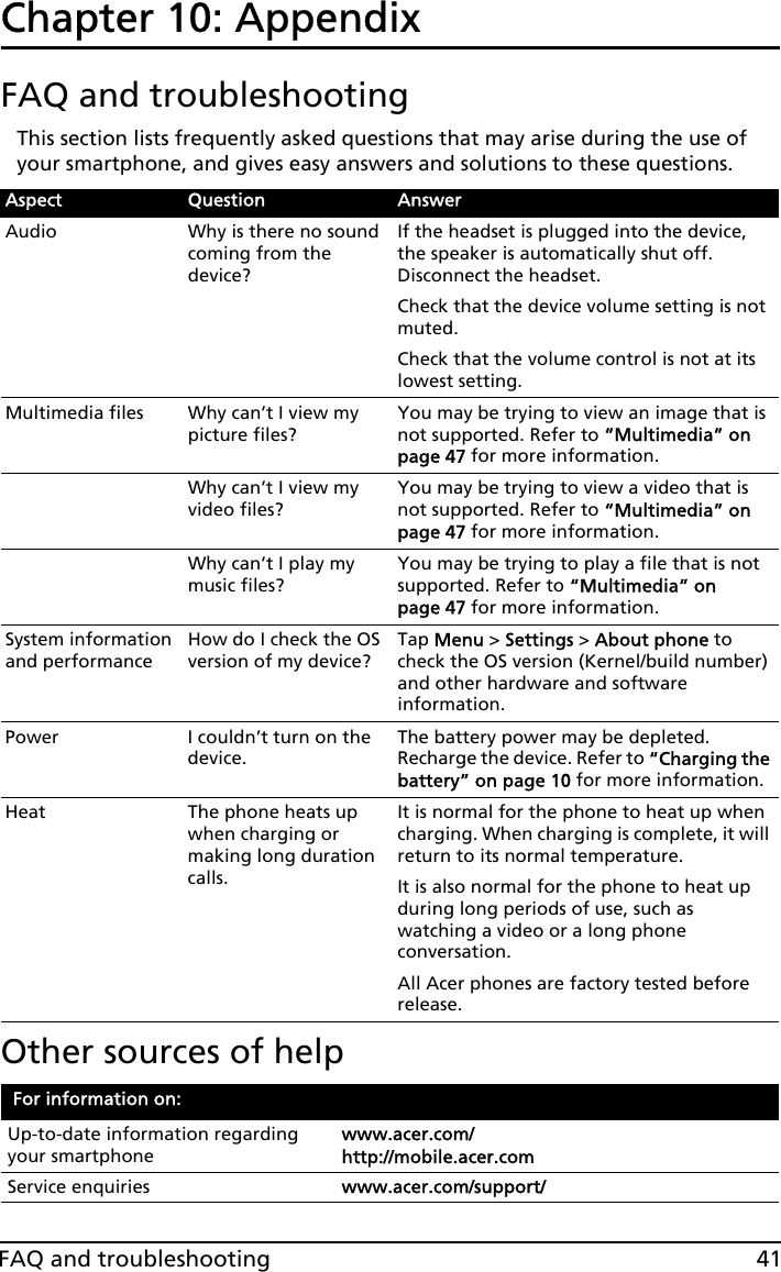 41FAQ and troubleshootingChapter 10: AppendixFAQ and troubleshootingThis section lists frequently asked questions that may arise during the use of your smartphone, and gives easy answers and solutions to these questions.Other sources of helpRefer to:Aspect Question AnswerAudio Why is there no sound coming from the device?If the headset is plugged into the device, the speaker is automatically shut off. Disconnect the headset.Check that the device volume setting is not muted.Check that the volume control is not at its lowest setting.Multimedia files Why can’t I view my picture files?You may be trying to view an image that is not supported. Refer to “Multimedia” on page 47 for more information.Why can’t I view my video files?You may be trying to view a video that is not supported. Refer to “Multimedia” on page 47 for more information.Why can’t I play my music files?You may be trying to play a file that is not supported. Refer to “Multimedia” on page 47 for more information.System information and performanceHow do I check the OS version of my device?Tap Menu &gt; Settings &gt; About phone to check the OS version (Kernel/build number) and other hardware and software information.Power I couldn’t turn on the device.The battery power may be depleted. Recharge the device. Refer to “Charging the battery” on page 10 for more information.Heat The phone heats up when charging or making long duration calls.It is normal for the phone to heat up when charging. When charging is complete, it will return to its normal temperature.It is also normal for the phone to heat up during long periods of use, such as watching a video or a long phone conversation.All Acer phones are factory tested before release.For information on:Up-to-date information regarding your smartphonewww.acer.com/ http://mobile.acer.comService enquiries www.acer.com/support/