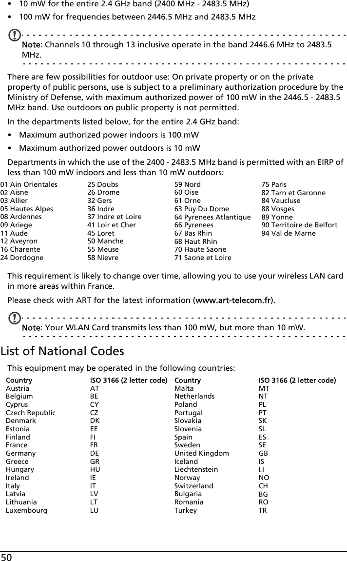 50• 10 mW for the entire 2.4 GHz band (2400 MHz - 2483.5 MHz)• 100 mW for frequencies between 2446.5 MHz and 2483.5 MHzNote: Channels 10 through 13 inclusive operate in the band 2446.6 MHz to 2483.5 MHz.There are few possibilities for outdoor use: On private property or on the private property of public persons, use is subject to a preliminary authorization procedure by the Ministry of Defense, with maximum authorized power of 100 mW in the 2446.5 - 2483.5 MHz band. Use outdoors on public property is not permitted.In the departments listed below, for the entire 2.4 GHz band:• Maximum authorized power indoors is 100 mW• Maximum authorized power outdoors is 10 mWDepartments in which the use of the 2400 - 2483.5 MHz band is permitted with an EIRP of less than 100 mW indoors and less than 10 mW outdoors:This requirement is likely to change over time, allowing you to use your wireless LAN card in more areas within France. Please check with ART for the latest information (www.art-telecom.fr).Note: Your WLAN Card transmits less than 100 mW, but more than 10 mW.List of National CodesThis equipment may be operated in the following countries:CountryAustriaBelgiumCyprusCzech RepublicDenmarkEstoniaFinlandFranceGermanyGreeceHungaryIrelandItalyLatviaLithuaniaLuxembourgISO 3166 (2 letter code)ATBECYCZDKEEFIFRDEGRHUIEITLVLTLUCountryMaltaNetherlandsPolandPortugalSlovakiaSloveniaSpainSwedenUnited KingdomIcelandLiechtensteinNorwaySwitzerlandBulgariaRomaniaTurkeyISO 3166 (2 letter code)MTNTPLPTSKSLESSEGBISLINOCHBGROTR01 Ain Orientales02 Aisne03 Allier05 Hautes Alpes08 Ardennes09 Ariege11 Aude12 Aveyron16 Charente24 Dordogne25 Doubs26 Drome32 Gers36 Indre37 Indre et Loire41 Loir et Cher45 Loret50 Manche55 Meuse58 Nievre59 Nord60 Oise61 Orne63 Puy Du Dome64 Pyrenees Atlantique66 Pyrenees67 Bas Rhin68 Haut Rhin70 Haute Saone71 Saone et Loire75 Paris82 Tarn et Garonne84 Vaucluse88 Vosges89 Yonne90 Territoire de Belfort94 Val de Marne
