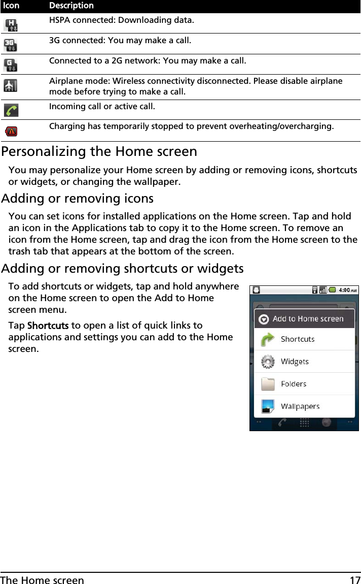 17The Home screenPersonalizing the Home screenYou may personalize your Home screen by adding or removing icons, shortcuts or widgets, or changing the wallpaper.Adding or removing iconsYou can set icons for installed applications on the Home screen. Tap and hold an icon in the Applications tab to copy it to the Home screen. To remove an icon from the Home screen, tap and drag the icon from the Home screen to the trash tab that appears at the bottom of the screen.Adding or removing shortcuts or widgetsTo add shortcuts or widgets, tap and hold anywhere on the Home screen to open the Add to Home screen menu.Tap SShortcuts to open a list of quick links to applications and settings you can add to the Home screen.HSPA connected: Downloading data.3G connected: You may make a call.Connected to a 2G network: You may make a call.Airplane mode: Wireless connectivity disconnected. Please disable airplane mode before trying to make a call.Incoming call or active call.Charging has temporarily stopped to prevent overheating/overcharging.Icon Description