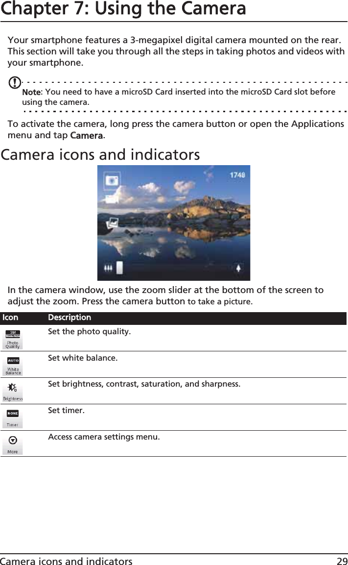 29Camera icons and indicatorsChapter 7: Using the CameraYour smartphone features a 3-megapixel digital camera mounted on the rear. This section will take you through all the steps in taking photos and videos with your smartphone.Note: You need to have a microSD Card inserted into the microSD Card slot before using the camera.To activate the camera, long press the camera button or open the Applications menu and tap CCamera.Camera icons and indicatorsIn the camera window, use the zoom slider at the bottom of the screen to adjust the zoom. Press the camera button to take a picture.Icon DescriptionSet the photo quality.Set white balance.Set brightness, contrast, saturation, and sharpness.Set timer.Access camera settings menu.