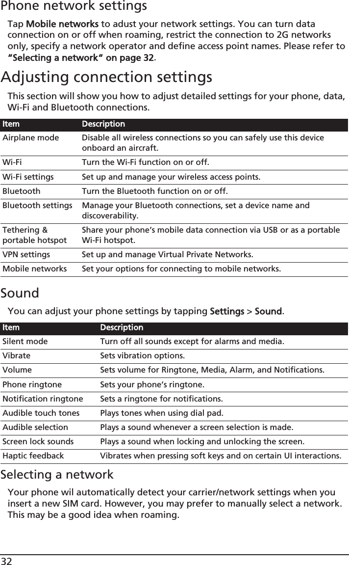 32Phone network settingsTap MMobile networks to adust your network settings. You can turn data connection on or off when roaming, restrict the connection to 2G networks only, specify a network operator and define access point names. Please refer to “Selecting a network“ on page 32.Adjusting connection settingsThis section will show you how to adjust detailed settings for your phone, data, Wi-Fi and Bluetooth connections.SoundYou can adjust your phone settings by tapping SSettings &gt; SSound.Selecting a networkYour phone wil automatically detect your carrier/network settings when you insert a new SIM card. However, you may prefer to manually select a network. This may be a good idea when roaming.Item DescriptionAirplane mode Disable all wireless connections so you can safely use this device onboard an aircraft.Wi-Fi Turn the Wi-Fi function on or off.Wi-Fi settings Set up and manage your wireless access points.Bluetooth Turn the Bluetooth function on or off.Bluetooth settings Manage your Bluetooth connections, set a device name and discoverability.Tethering &amp; portable hotspotShare your phone’s mobile data connection via USB or as a portable Wi-Fi hotspot.VPN settings Set up and manage Virtual Private Networks.Mobile networks Set your options for connecting to mobile networks.Item DescriptionSilent mode Turn off all sounds except for alarms and media.Vibrate Sets vibration options.Volume Sets volume for Ringtone, Media, Alarm, and Notifications.Phone ringtone Sets your phone’s ringtone.Notification ringtone Sets a ringtone for notifications.Audible touch tones Plays tones when using dial pad.Audible selection Plays a sound whenever a screen selection is made.Screen lock sounds Plays a sound when locking and unlocking the screen.Haptic feedback Vibrates when pressing soft keys and on certain UI interactions.