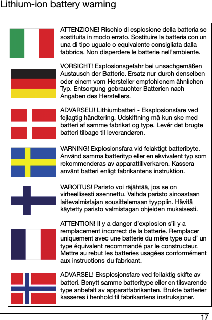 17Lithium-ion battery warningATTENZIONE! Rischio di esplosione della batteria se sostituita in modo errato. Sostituire la batteria con un una di tipo uguale o equivalente consigliata dalla fabbrica. Non disperdere le batterie nell’ambiente.VORSICHT! Explosionsgefahr bei unsachgemäßen Austausch der Batterie. Ersatz nur durch denselben oder einem vom Hersteller empfohlenem ähnlichen Typ. Entsorgung gebrauchter Batterien nach Angaben des Herstellers.ADVARSELI! Lithiumbatteri - Eksplosionsfare ved fejlagtig håndtering. Udskiftning må kun ske med batteri af samme fabrikat og type. Levér det brugte batteri tilbage til leverandøren.VARNING! Explosionsfara vid felaktigt batteribyte. Använd samma batterityp eller en ekvivalent typ som rekommenderas av apparattillverkaren. Kassera använt batteri enligt fabrikantens instruktion.VAROITUS! Paristo voi räjähtää, jos se on virheellisesti asennettu. Vaihda paristo ainoastaan laitevalmistajan sousittelemaan tyyppiin. Hävitä käytetty paristo valmistagan ohjeiden mukaisesti.ATTENTION! Il y a danger d’explosion s’il y a remplacement incorrect de la batterie. Remplacer uniquement avec une batterie du mêre type ou d’ un type équivalent recommandé par le constructeur. Mettre au rebut les batteries usagées conformément aux instructions du fabricant.ADVARSEL! Eksplosjonsfare ved feilaktig skifte av batteri. Benytt samme batteritype eller en tilsvarende type anbefalt av apparatfabrikanten. Brukte batterier kasseres i henhold til fabrikantens instruksjoner.