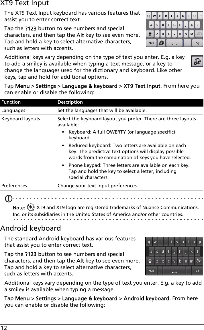 12XT9 Text InputThe XT9 Text Input keyboard has various features that assist you to enter correct text. Tap the ?123 button to see numbers and special characters, and then tap the Alt key to see even more. Tap and hold a key to select alternative characters, such as letters with accents. Additional keys vary depending on the type of text you enter. E.g. a key to add a smiley is available when typing a text message, or a key to change the languages used for the dictionary and keyboard. Like other keys, tap and hold for additional options.Tap Menu &gt; Settings &gt; Language &amp; keyboard &gt; XT9 Text Input. From here you can enable or disable the following:Note:   XT9 and XT9 logo are registered trademarks of Nuance Communications, Inc. or its subsidiaries in the United States of America and/or other countries.Android keyboardThe standard Android keyboard has various features that assist you to enter correct text. Tap the ?123 button to see numbers and special characters, and then tap the Alt key to see even more. Tap and hold a key to select alternative characters, such as letters with accents. Additional keys vary depending on the type of text you enter. E.g. a key to add a smiley is available when typing a message.Tap Menu &gt; Settings &gt; Language &amp; keyboard &gt; Android keyboard. From here you can enable or disable the following:Function DescriptionLanguages Set the languages that will be available.Keyboard layouts Select the keyboard layout you prefer. There are three layouts available:• Keyboard: A full QWERTY (or language specific) keyboard.• Reduced keyboard: Two letters are available on each key. The predictive text options will display possible words from the combination of keys you have selected.• Phone keypad: Three letters are available on each key. Tap and hold the key to select a letter, including special characters.Preferences Change your text input preferences.