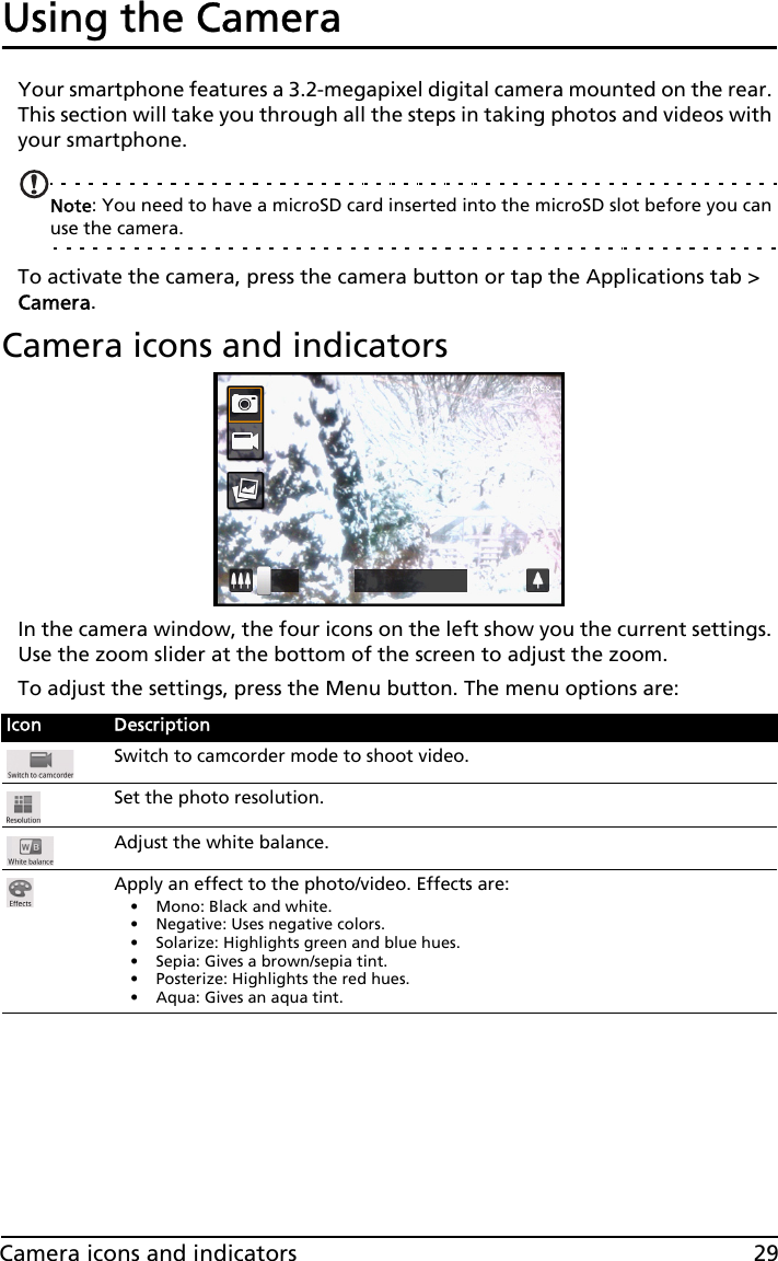 29Camera icons and indicatorsUsing the CameraYour smartphone features a 3.2-megapixel digital camera mounted on the rear. This section will take you through all the steps in taking photos and videos with your smartphone.Note: You need to have a microSD card inserted into the microSD slot before you can use the camera.To activate the camera, press the camera button or tap the Applications tab &gt; Camera.Camera icons and indicatorsIn the camera window, the four icons on the left show you the current settings. Use the zoom slider at the bottom of the screen to adjust the zoom.To adjust the settings, press the Menu button. The menu options are:Icon DescriptionSwitch to camcorder mode to shoot video.Set the photo resolution.Adjust the white balance.Apply an effect to the photo/video. Effects are:• Mono: Black and white.• Negative: Uses negative colors.• Solarize: Highlights green and blue hues.• Sepia: Gives a brown/sepia tint.• Posterize: Highlights the red hues.• Aqua: Gives an aqua tint.