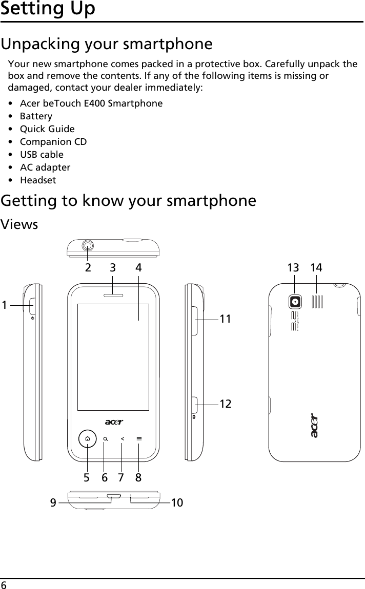 6Setting UpUnpacking your smartphoneYour new smartphone comes packed in a protective box. Carefully unpack the box and remove the contents. If any of the following items is missing or damaged, contact your dealer immediately:• Acer beTouch E400 Smartphone• Battery• Quick Guide• Companion CD• USB cable• AC adapter• HeadsetGetting to know your smartphoneViews1435678111213 142910