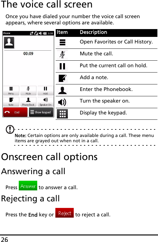 26The voice call screenOnce you have dialed your number the voice call screen appears, where several options are available.Note: Certain options are only available during a call. These menu items are grayed out when not in a call.Onscreen call optionsAnswering a callPress   to answer a call.Rejecting a callPress the End key or   to reject a call.Item DescriptionOpen Favorites or Call History.Mute the call.Put the current call on hold.Add a note.Enter the Phonebook.Turn the speaker on.Display the keypad.