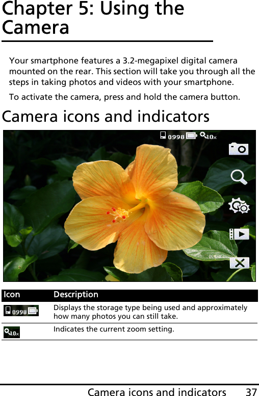 37Camera icons and indicatorsChapter 5: Using the CameraYour smartphone features a 3.2-megapixel digital camera mounted on the rear. This section will take you through all the steps in taking photos and videos with your smartphone.To activate the camera, press and hold the camera button.Camera icons and indicatorsIcon DescriptionDisplays the storage type being used and approximately how many photos you can still take.Indicates the current zoom setting.