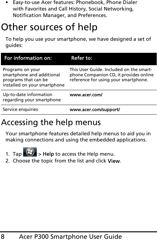 Acer P300 Smartphone User Guide8• Easy-to-use Acer features: Phonebook, Phone Dialer with Favorites and Call History, Social Networking, Notification Manager, and Preferences.Other sources of helpTo help you use your smartphone, we have designed a set of guides:Accessing the help menusYour smartphone features detailed help menus to aid you in making connections and using the embedded applications. 1. Tap  &gt; Help to access the Help menu.2. Choose the topic from the list and click View.For information on: Refer to:Programs on your smartphone and additional programs that can be installed on your smartphoneThis User Guide. Included on the smart-phone Companion CD, it provides online reference for using your smartphone.Up-to-date information regarding your smartphonewww.acer.com/Service enquiries www.acer.com/support/