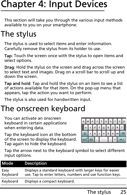 25The stylusChapter 4: Input DevicesThis section will take you through the various input methods available to you on your smartphone.The stylusThe stylus is used to select items and enter information. Carefully remove the stylus from its holder to use.Tap: Touch the screen once with the stylus to open items and select options.Drag: Hold the stylus on the screen and drag across the screen to select text and images. Drag on a scroll bar to scroll up and down the screen.Tap and hold: Tap and hold the stylus on an item to see a list of actions available for that item. On the pop-up menu that appears, tap the action you want to perform.The stylus is also used for handwritten input.The onscreen keyboardYou can activate an onscreen keyboard in certain applications when entering data.Tap the keyboard icon at the bottom of the screen to display the keyboard. Tap again to hide the keyboard.Tap the arrow next to the keyboard symbol to select different input options.Mode DescriptionEasy KeyboardDisplays a standard keyboard with larger keys for easier use. Tap to enter letters, numbers and use function keys.Keyboard Displays a compact keyboard.