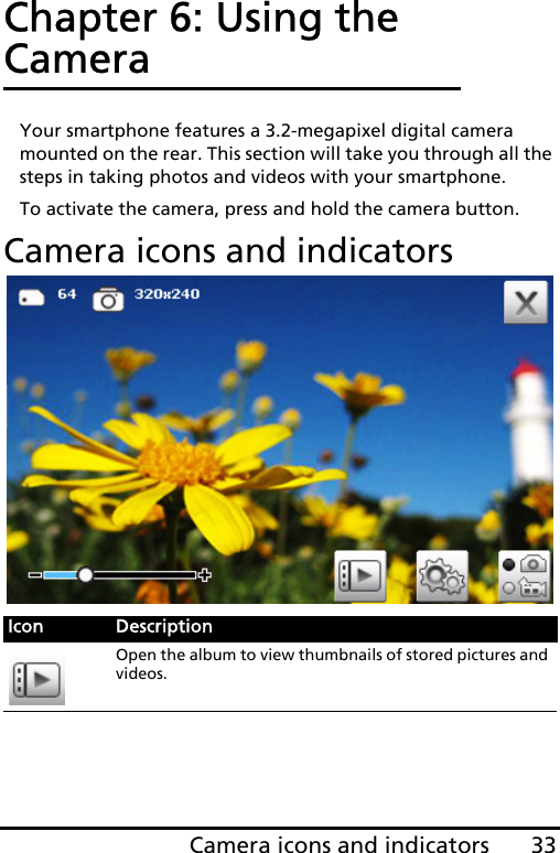 33Camera icons and indicatorsChapter 6: Using the CameraYour smartphone features a 3.2-megapixel digital camera mounted on the rear. This section will take you through all the steps in taking photos and videos with your smartphone.To activate the camera, press and hold the camera button.Camera icons and indicatorsIcon DescriptionOpen the album to view thumbnails of stored pictures and videos.